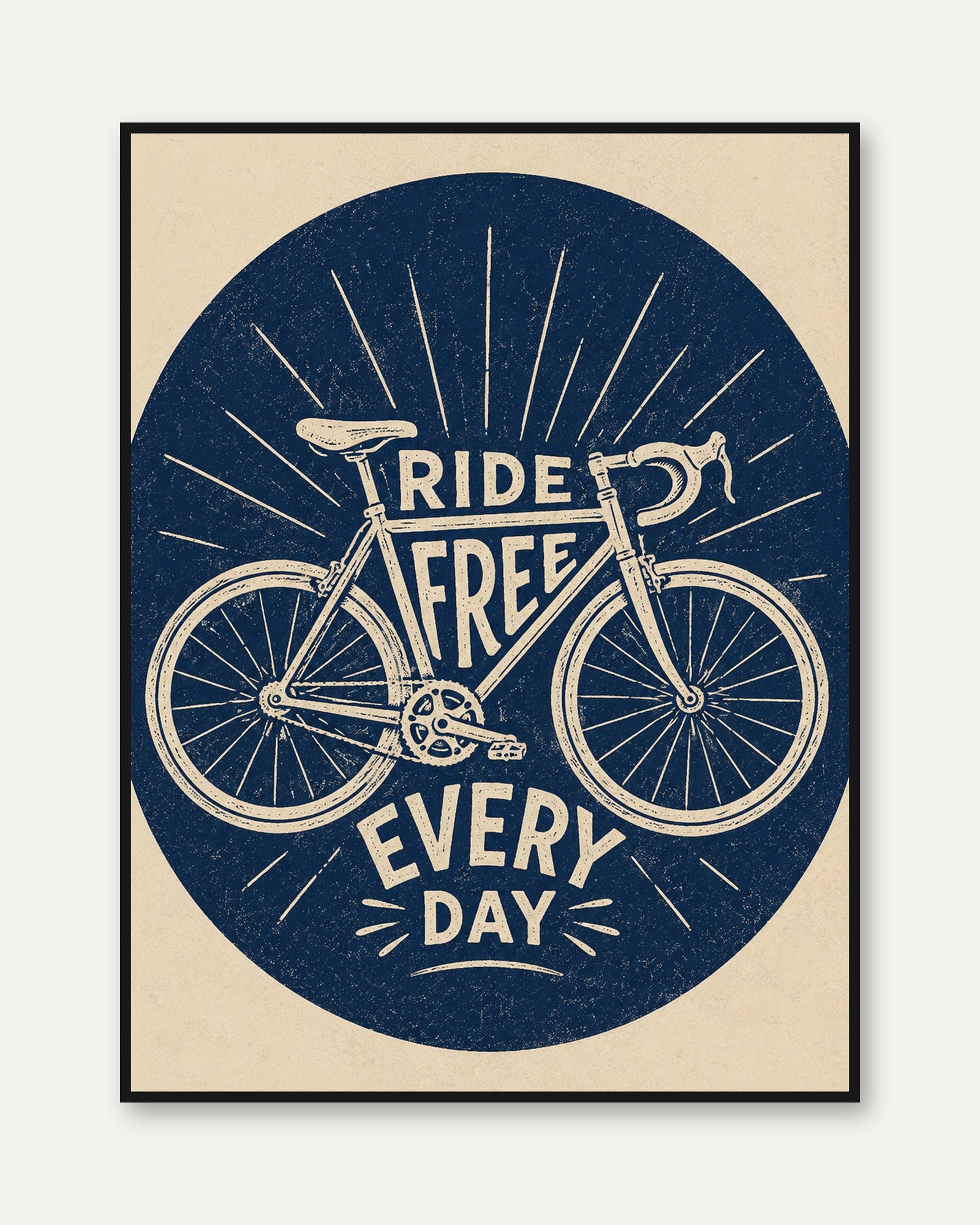 Ride Free Bicycle Print: Retro Cycling Poster (Navy Blue) - framed