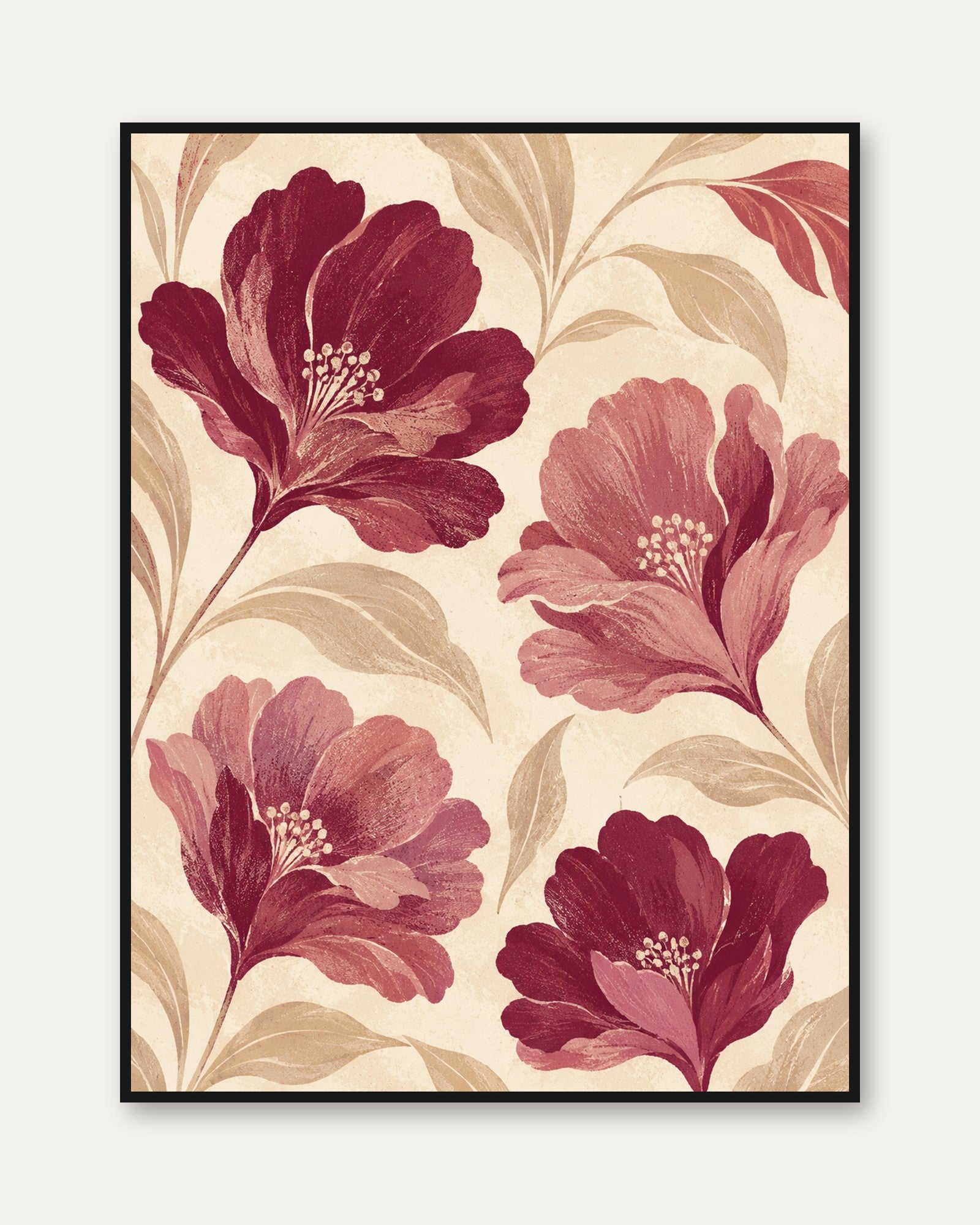 Vintage Floral Wall Art – Burgundy Flower Print - framed