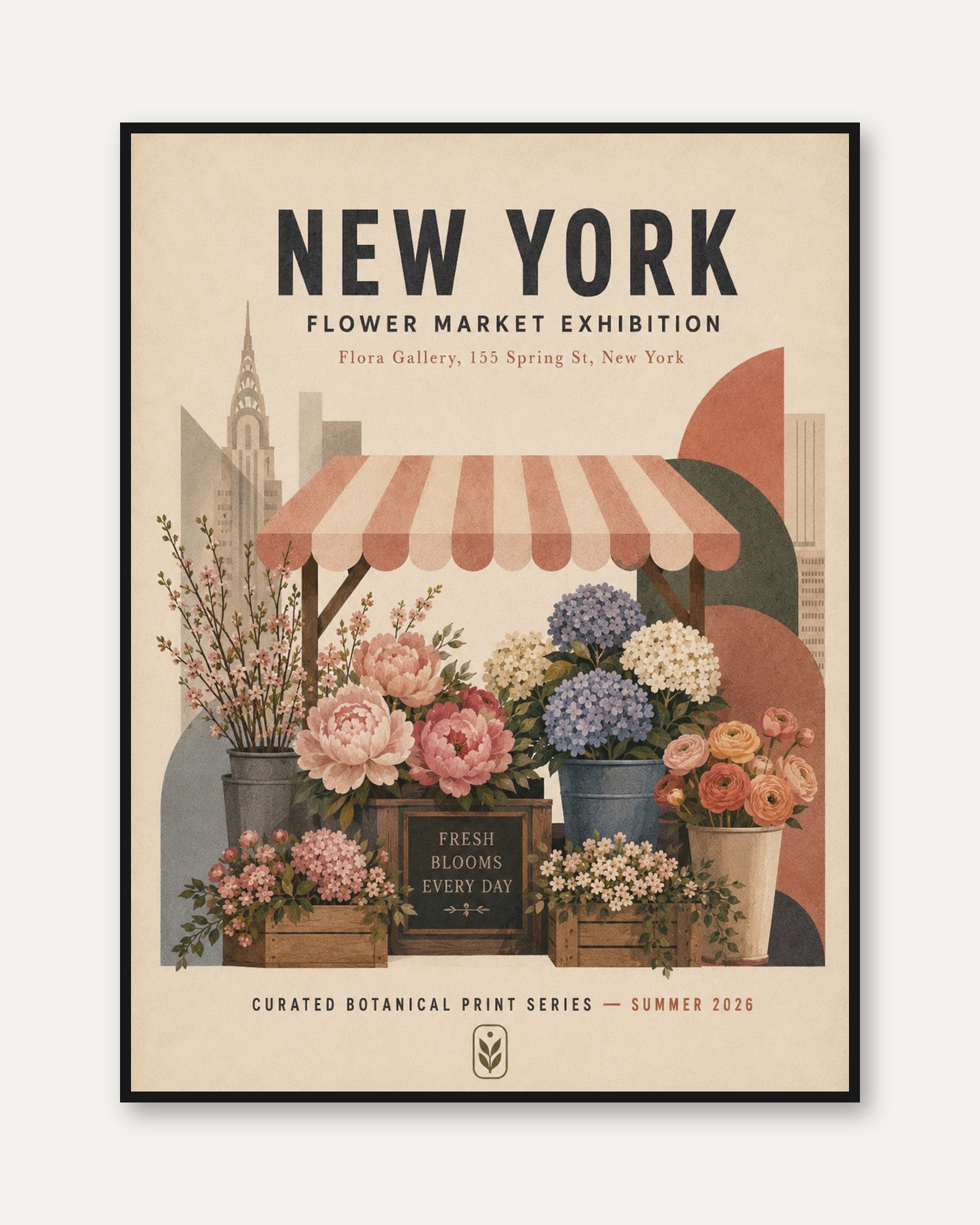 New York Flower Market Print — Vintage Botanical Illustration - framed