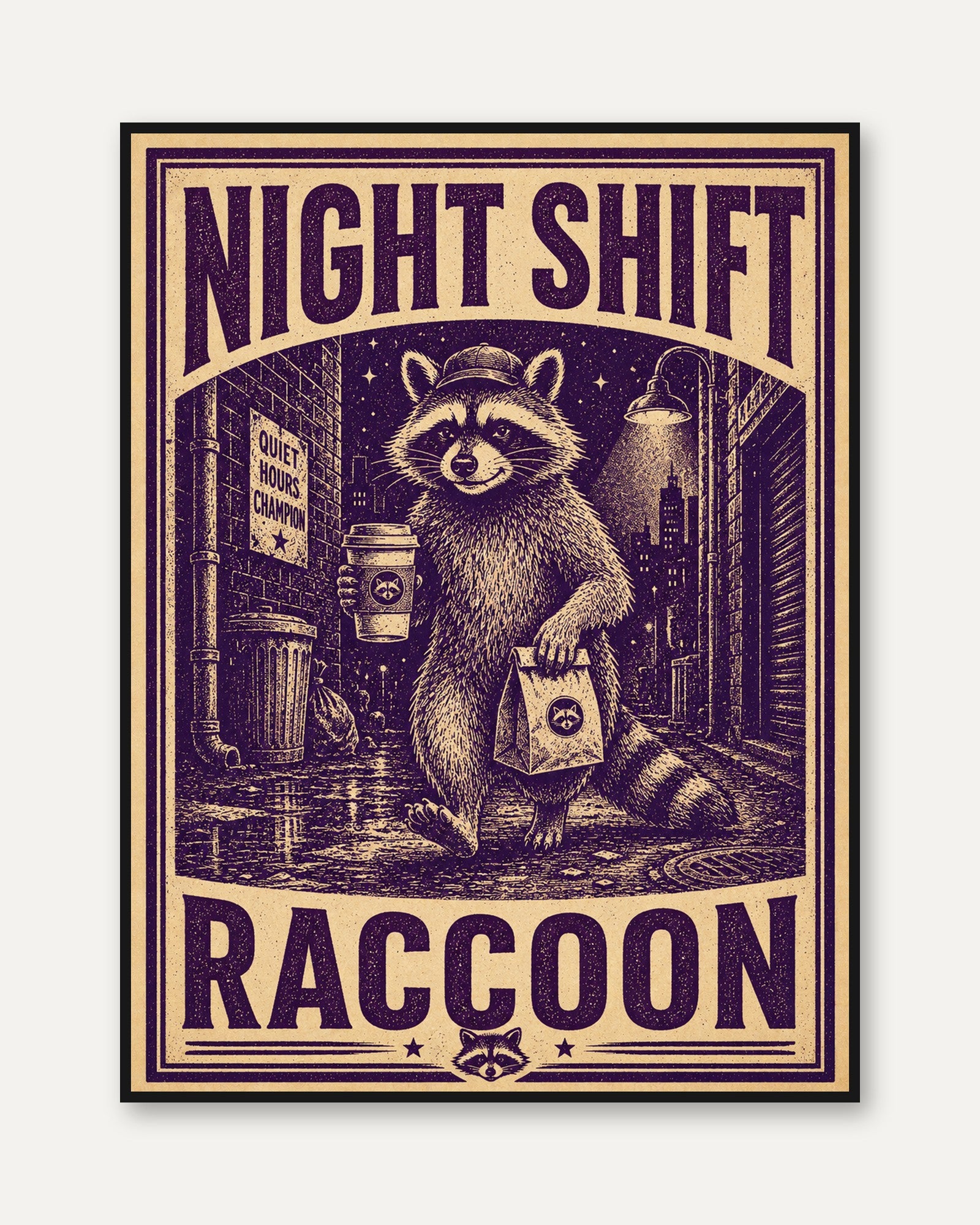 Raccoon Wall Art: Vintage Night Shift Illustration - framed