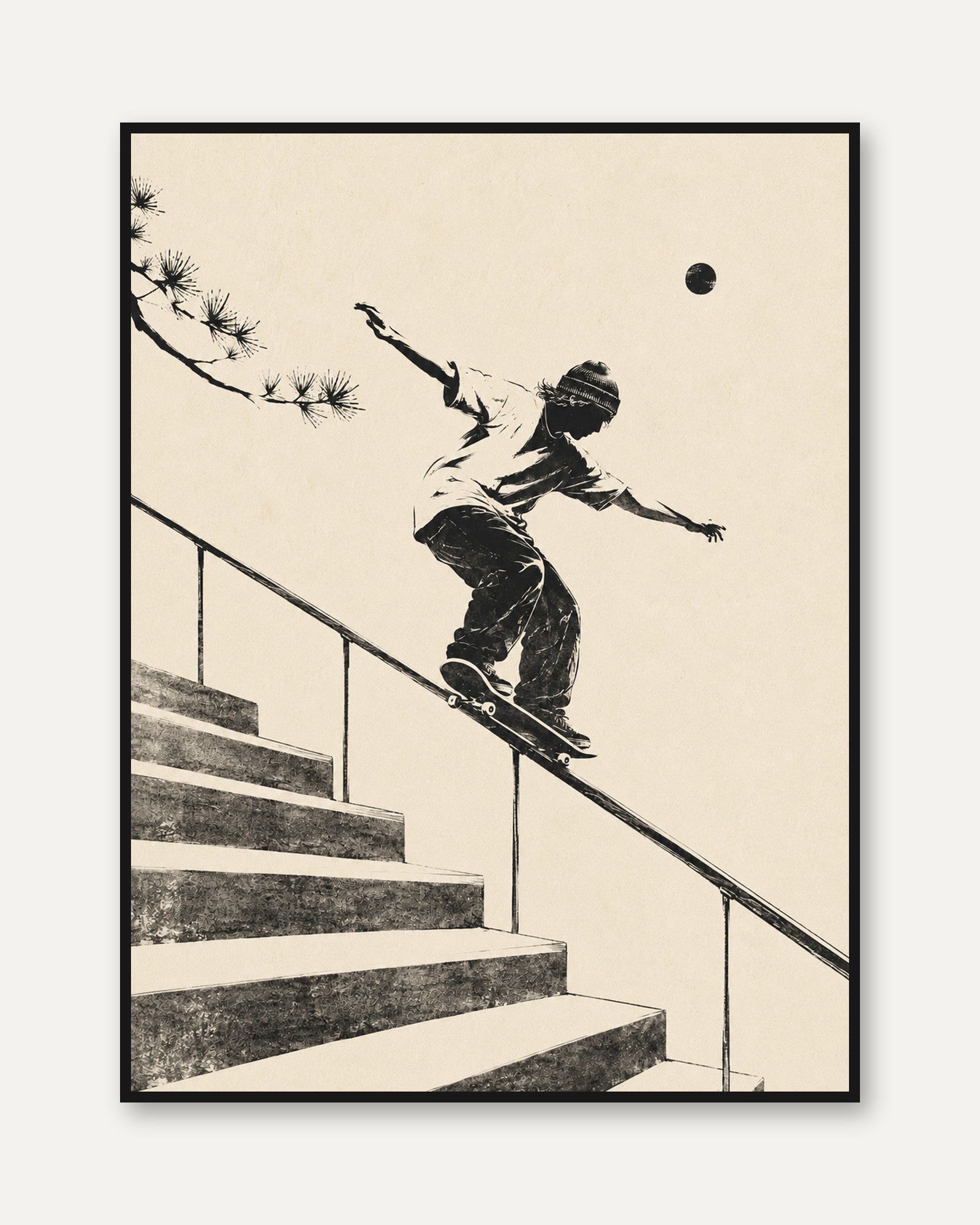 Skateboard Grind Art Print: Japanese Ink Style Urban Sports - framed