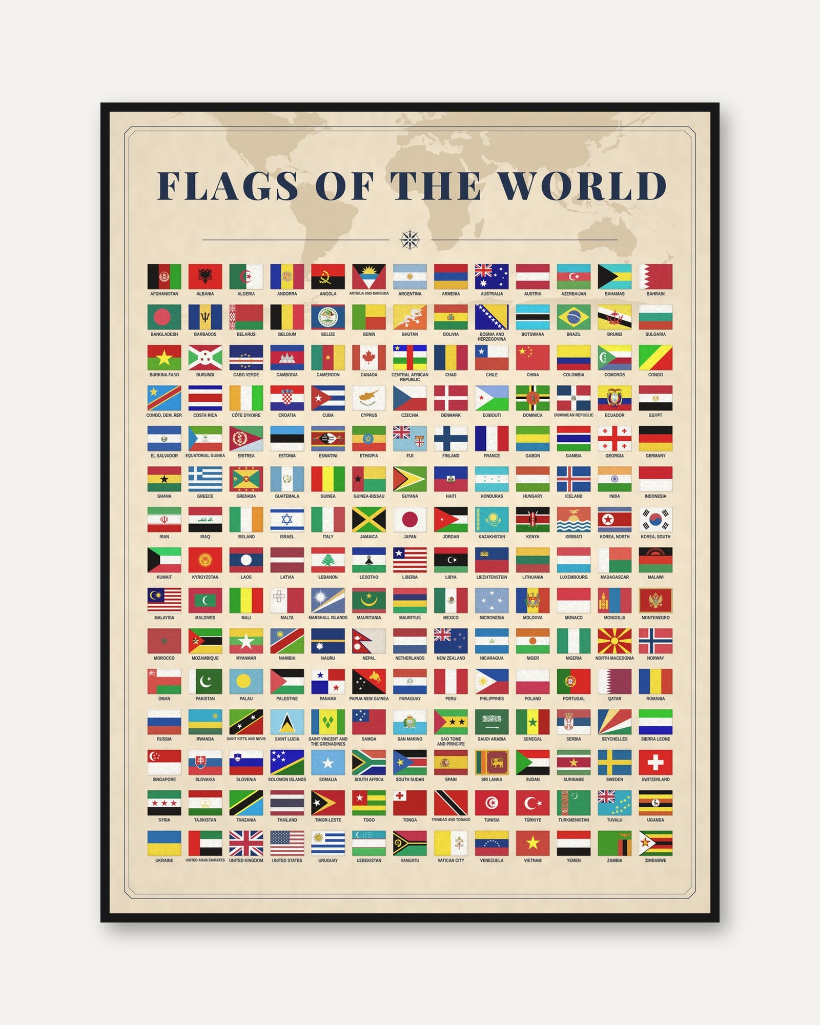 Flags of the World Map: Educational Poster (Vintage Style - framed