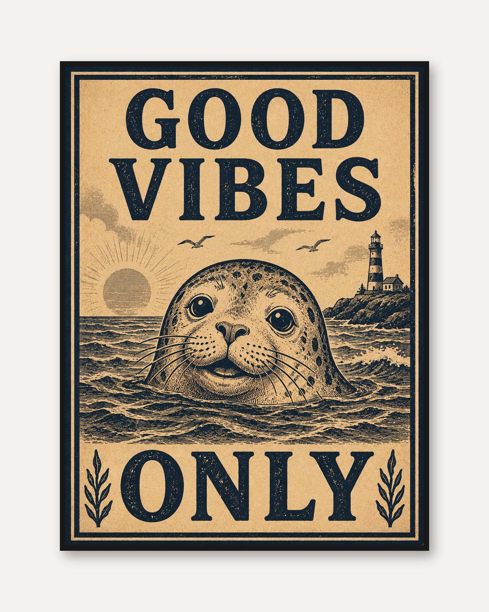 Seal Print: Vintage Coastal and Nautical Wall Art (Ocean Lover Decor) - framed