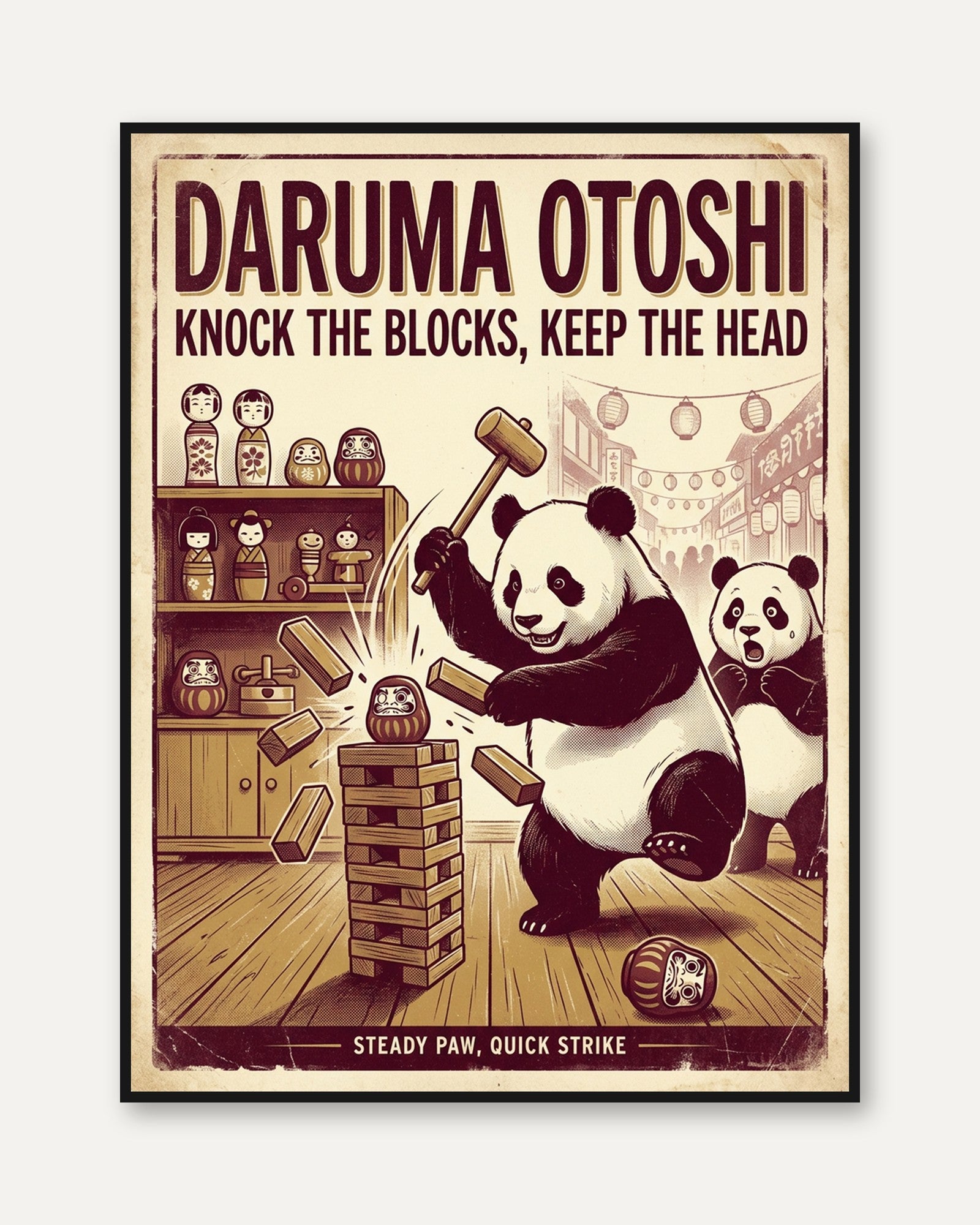 Panda Playing Jenga Poster: Retro Japanese Game Room Art - framed