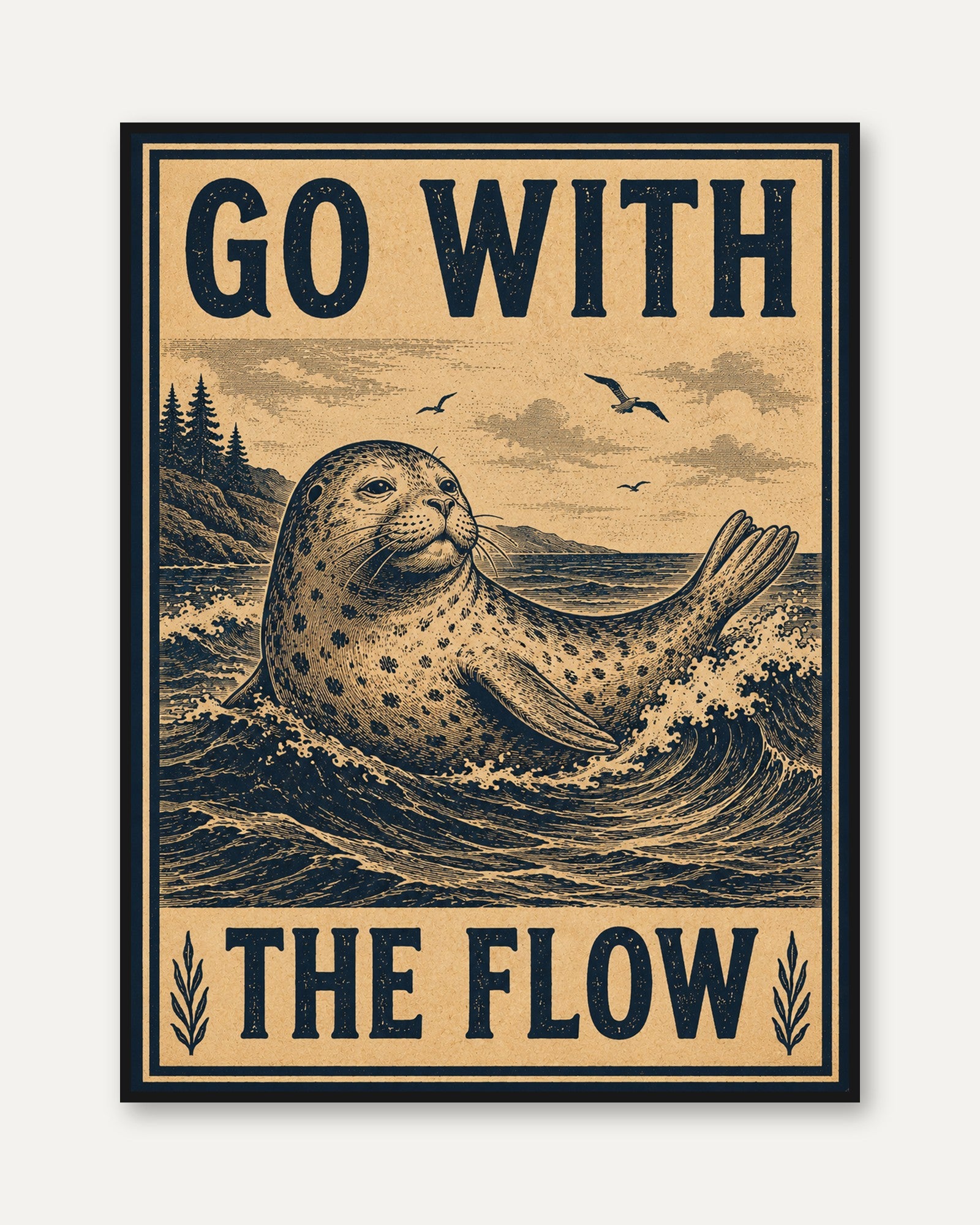 Vintage Seal Art Print: Go With The Flow - framed