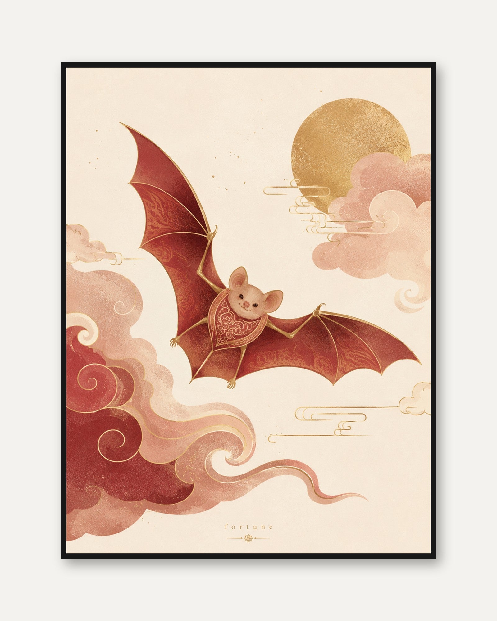 Oriental Bat Wall Art – Asian Folk Art Print - framed