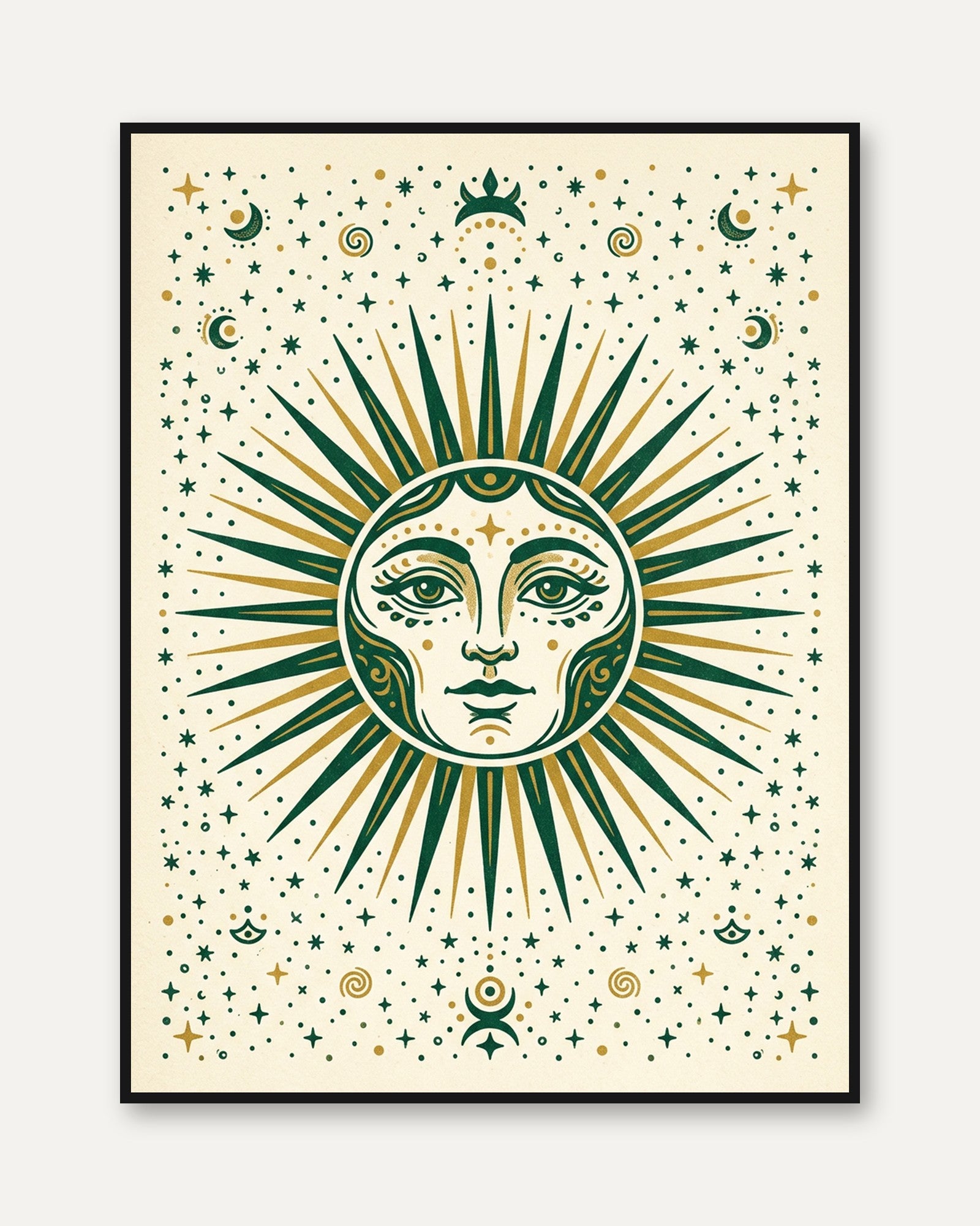 Celestial Sun Face Wall Art: Mystical Green and Gold Print - framed