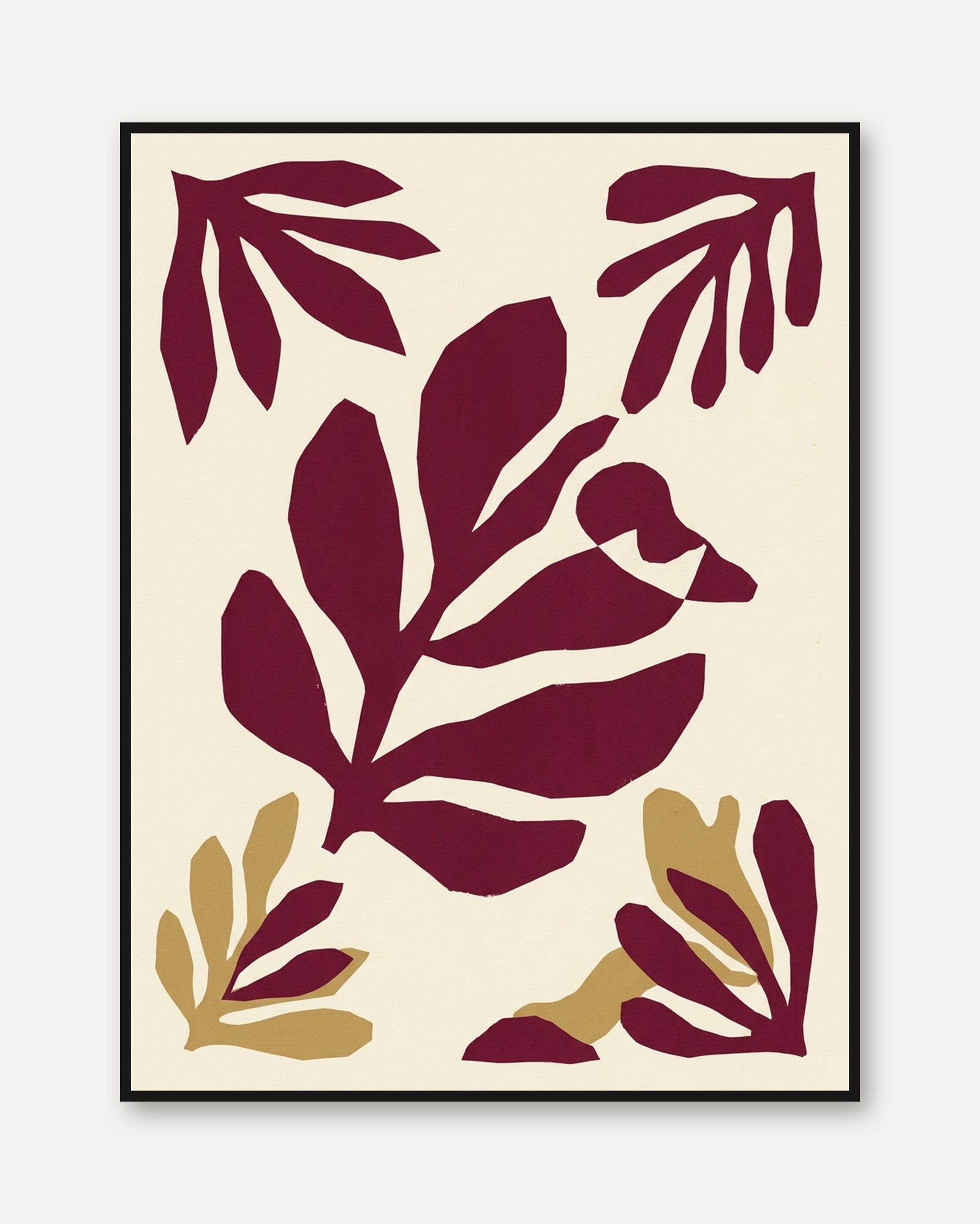 Matisse Style Botanical Cutout: Burgundy and Gold Wall Art - framed