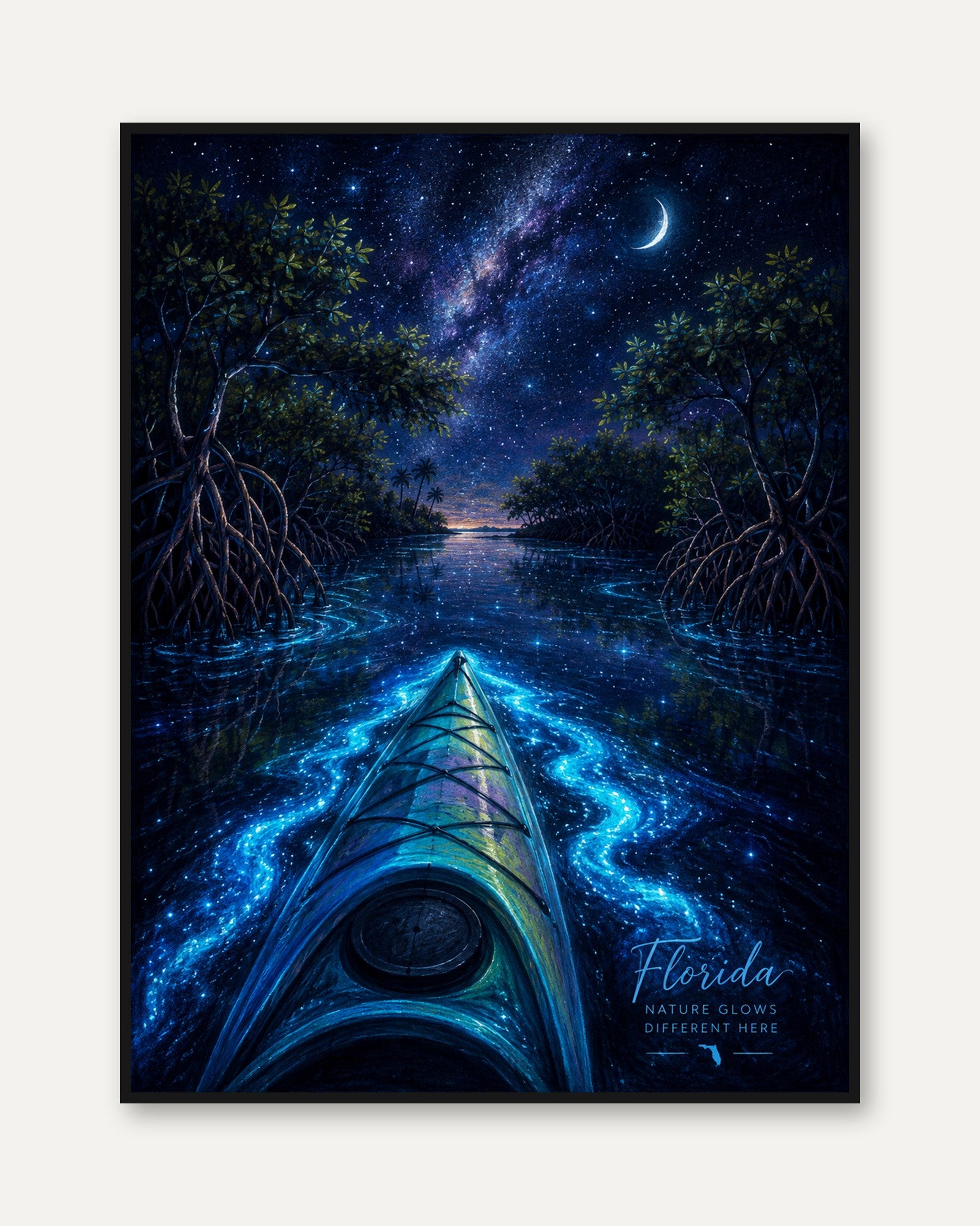 Kayak Night Sky Print – Starry Water Wall Art - framed