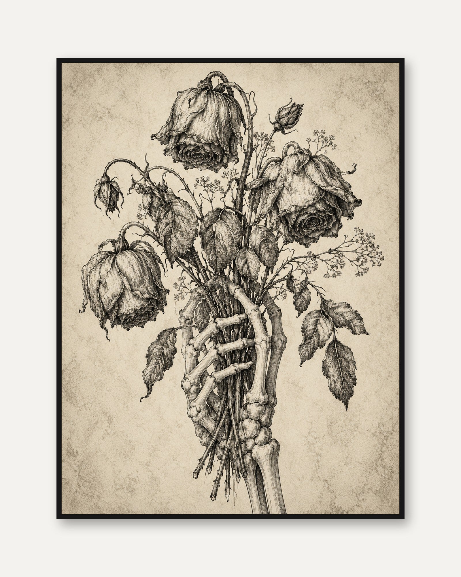 Skeleton Hand Flowers Print - framed