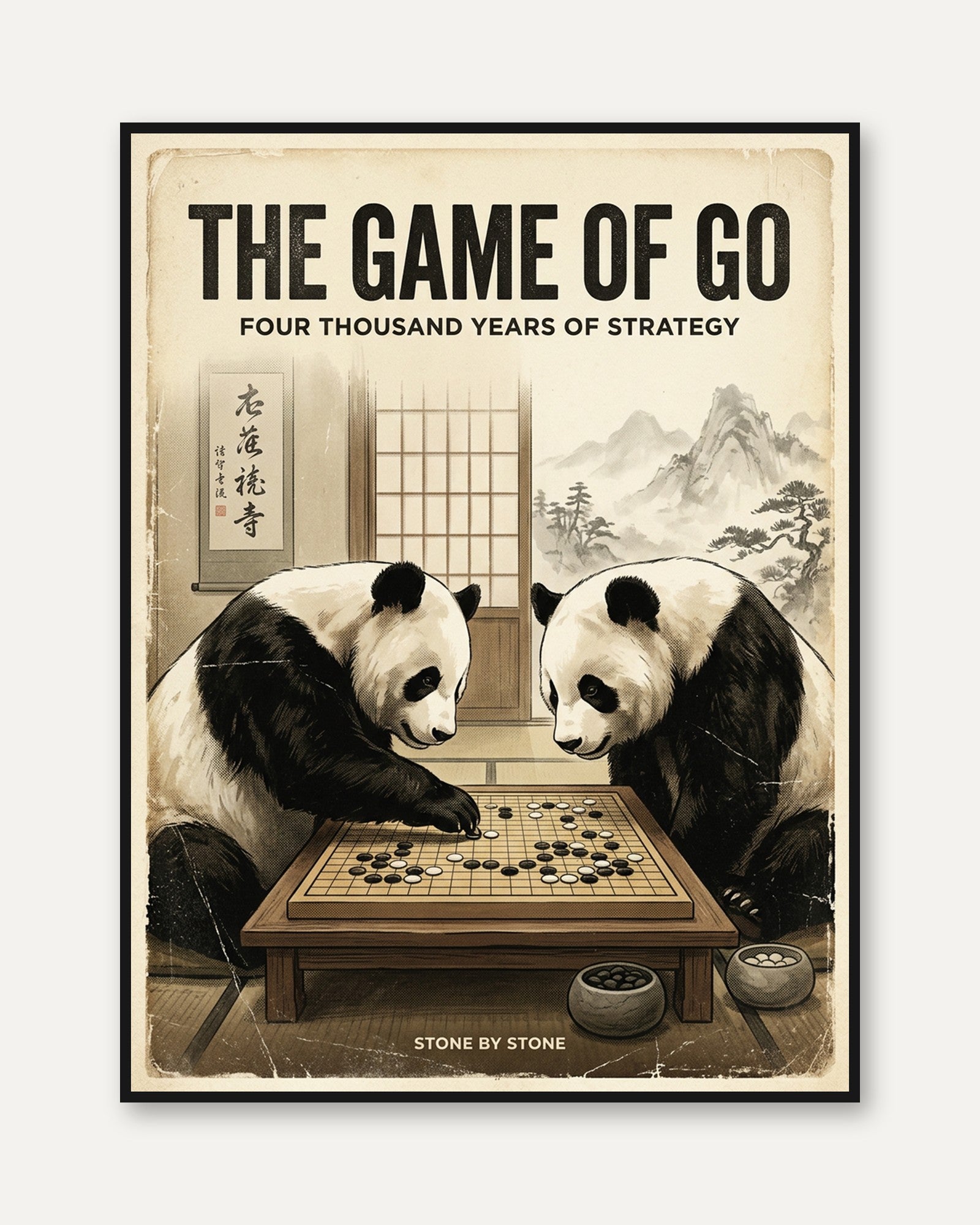 Pandas Playing Go Poster: Vintage Japanese Style Wall Art - framed