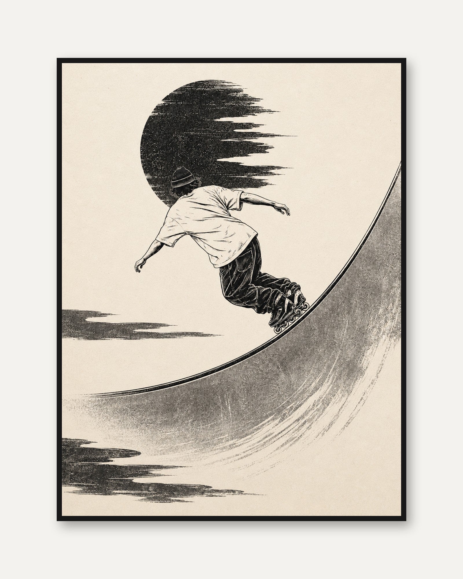 Skateboard Halfpipe Art Print: Minimalist Black Beige Design - framed