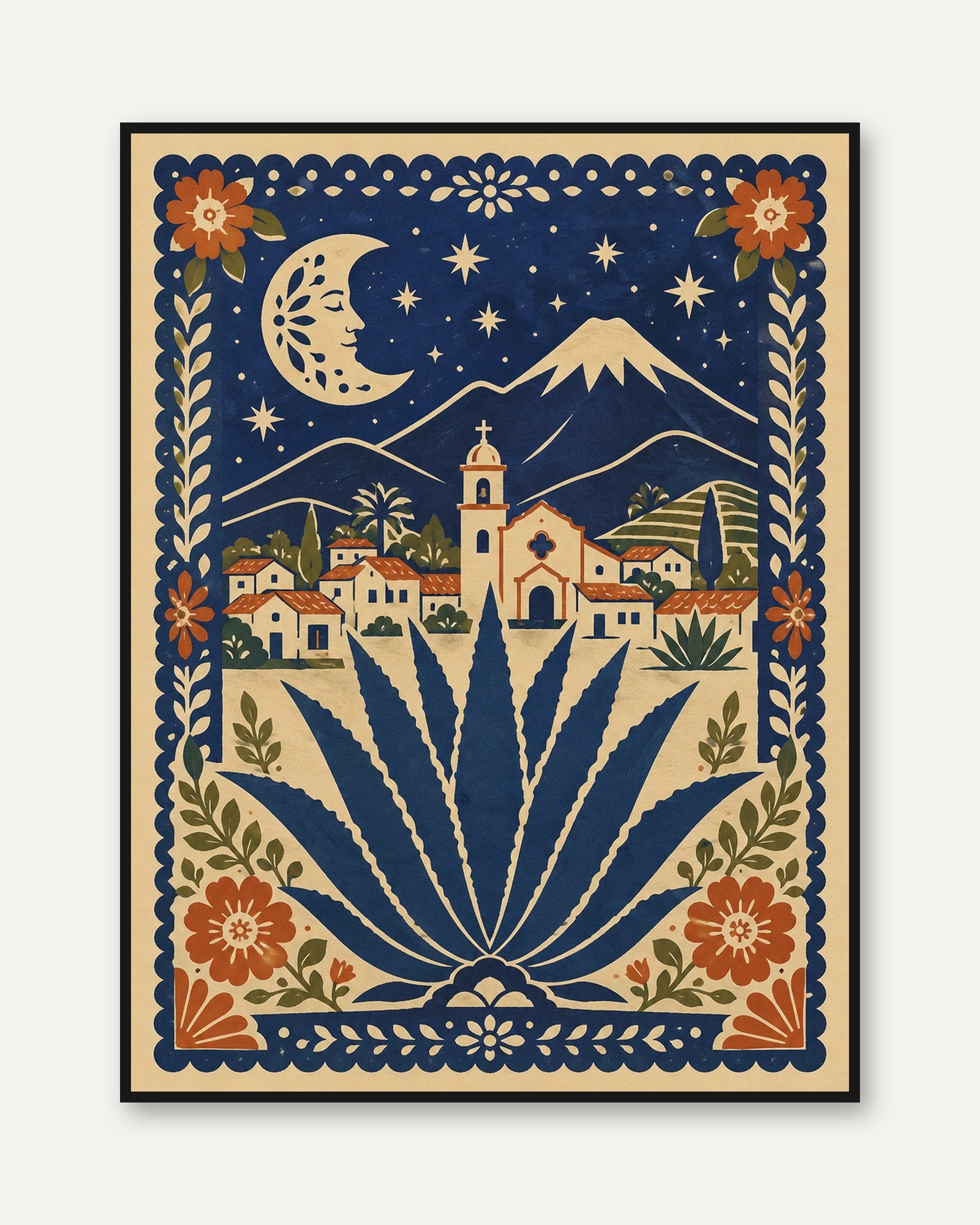 Mexican Village Wall Art – Folk Art Print - framed