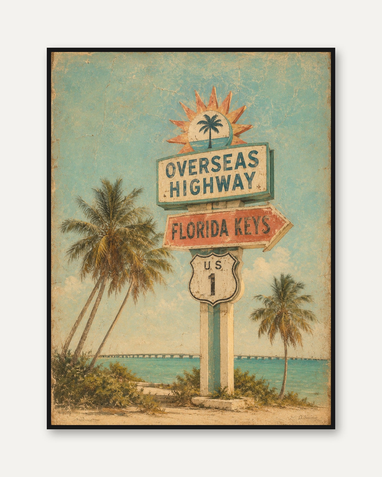 Overseas Highway Florida Keys Sign: Vintage Tropical Poster - framed