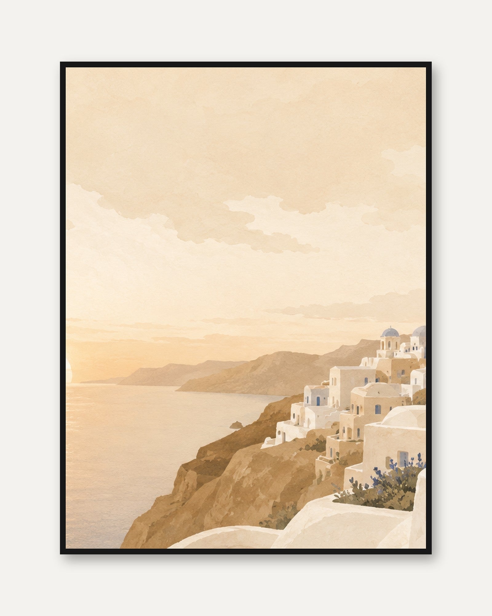 Greek Island Village Poster: Warm Sepia Coastal Architecture - framed