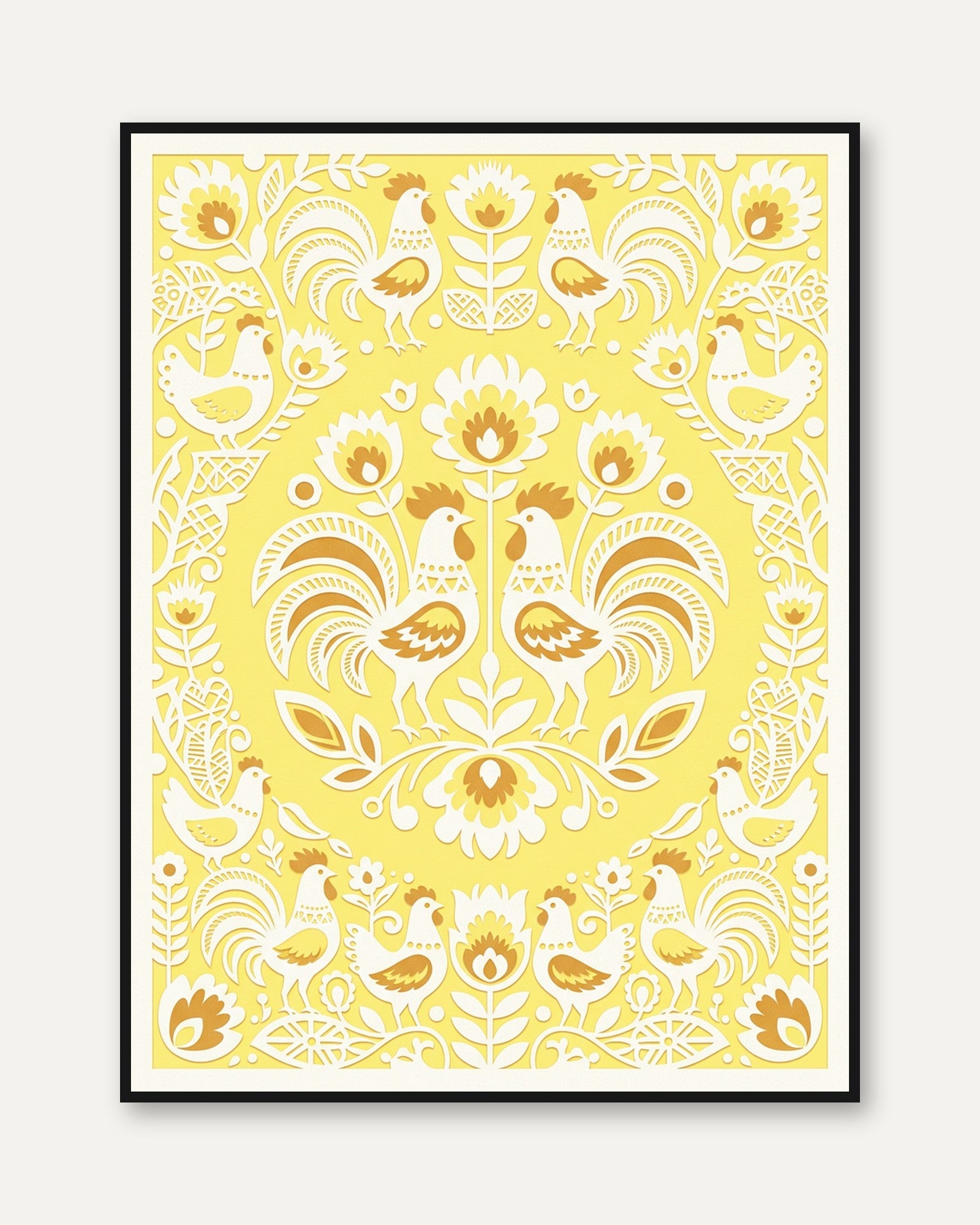 Folk Art Rooster Print: Yellow Scandinavian Pattern Design - framed