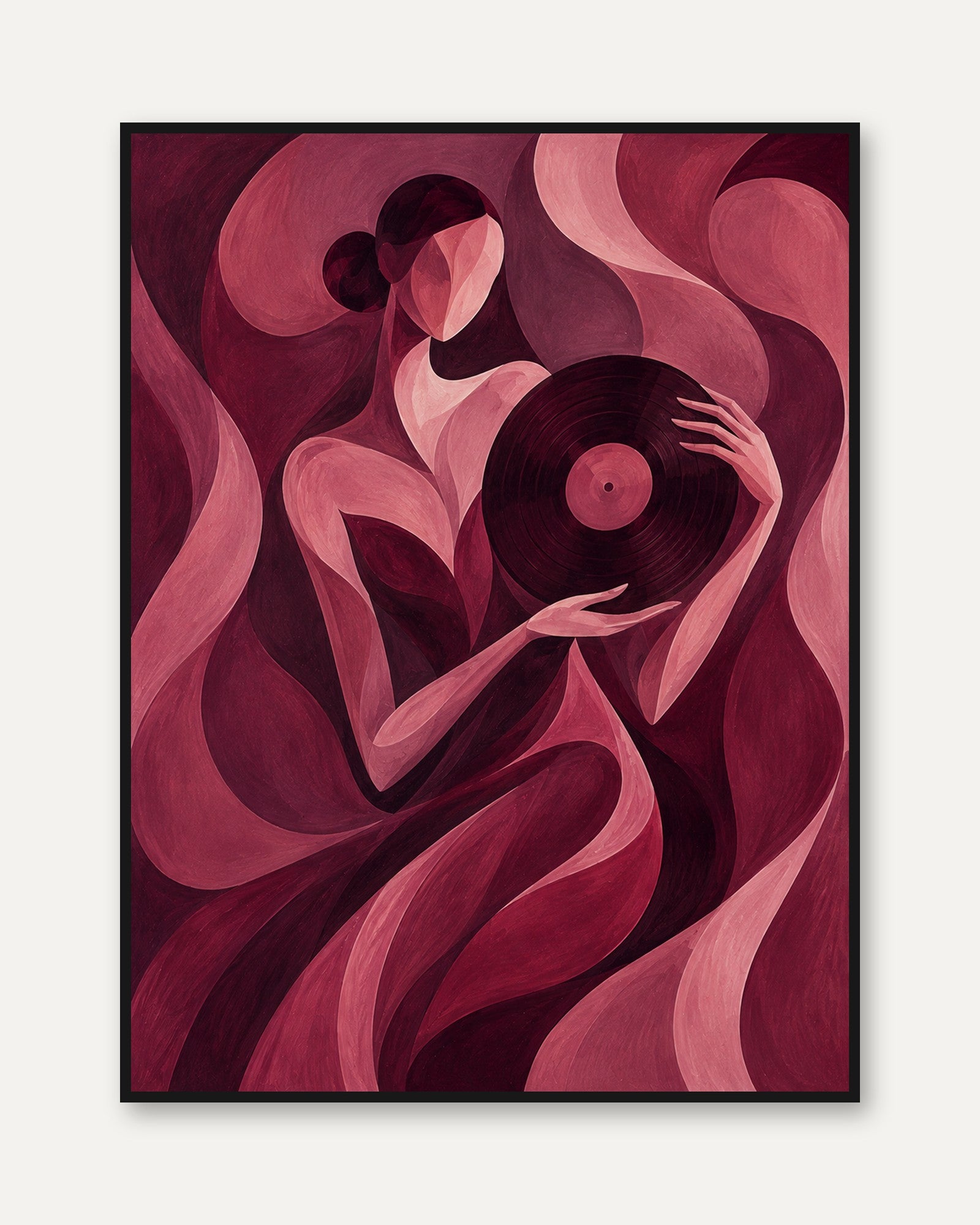 Vinyl Record Listener Art Print: Art Deco Style in Burgundy Pink - framed