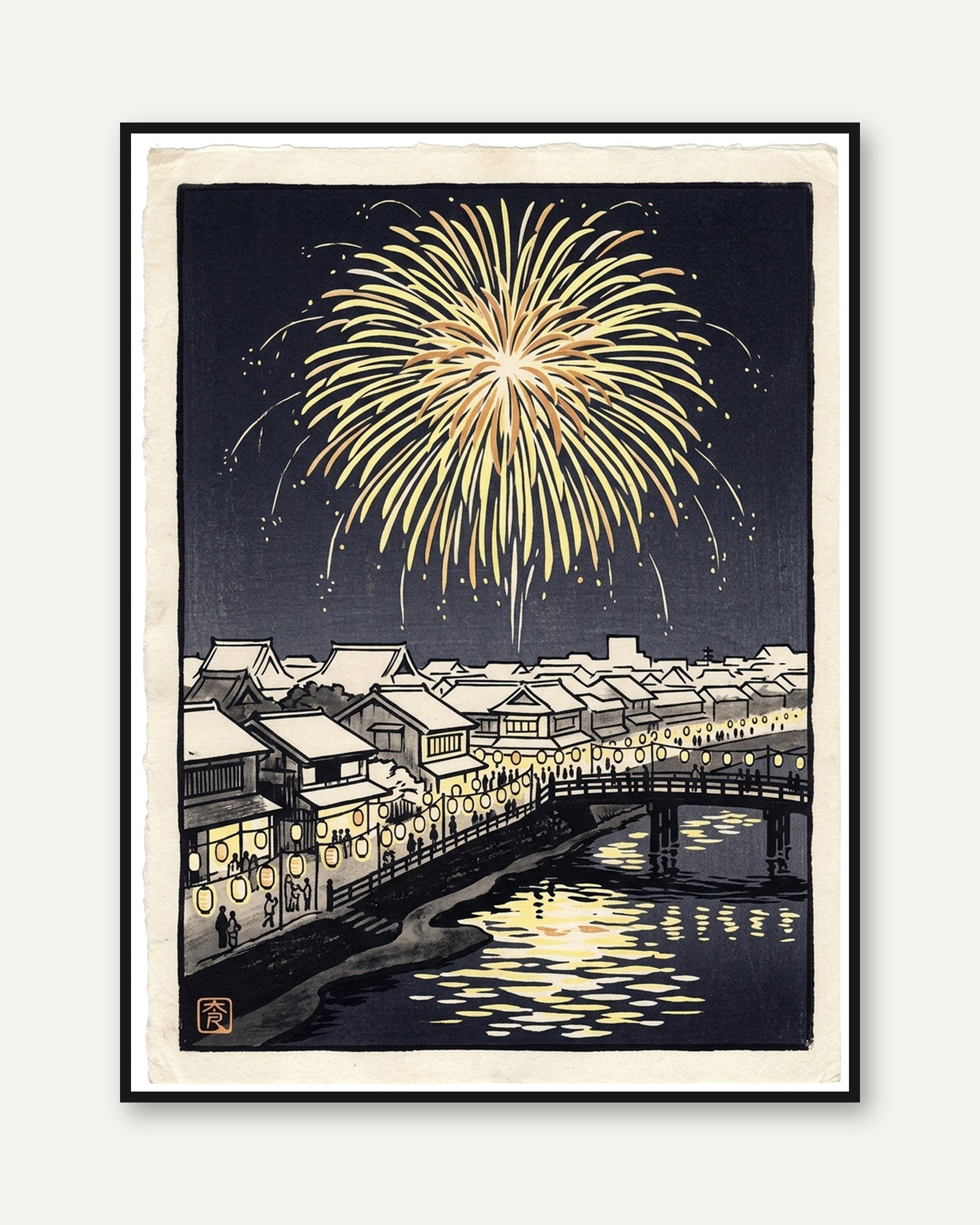 Japanese Fireworks Print: Woodblock Night Scene with Bridge - framed