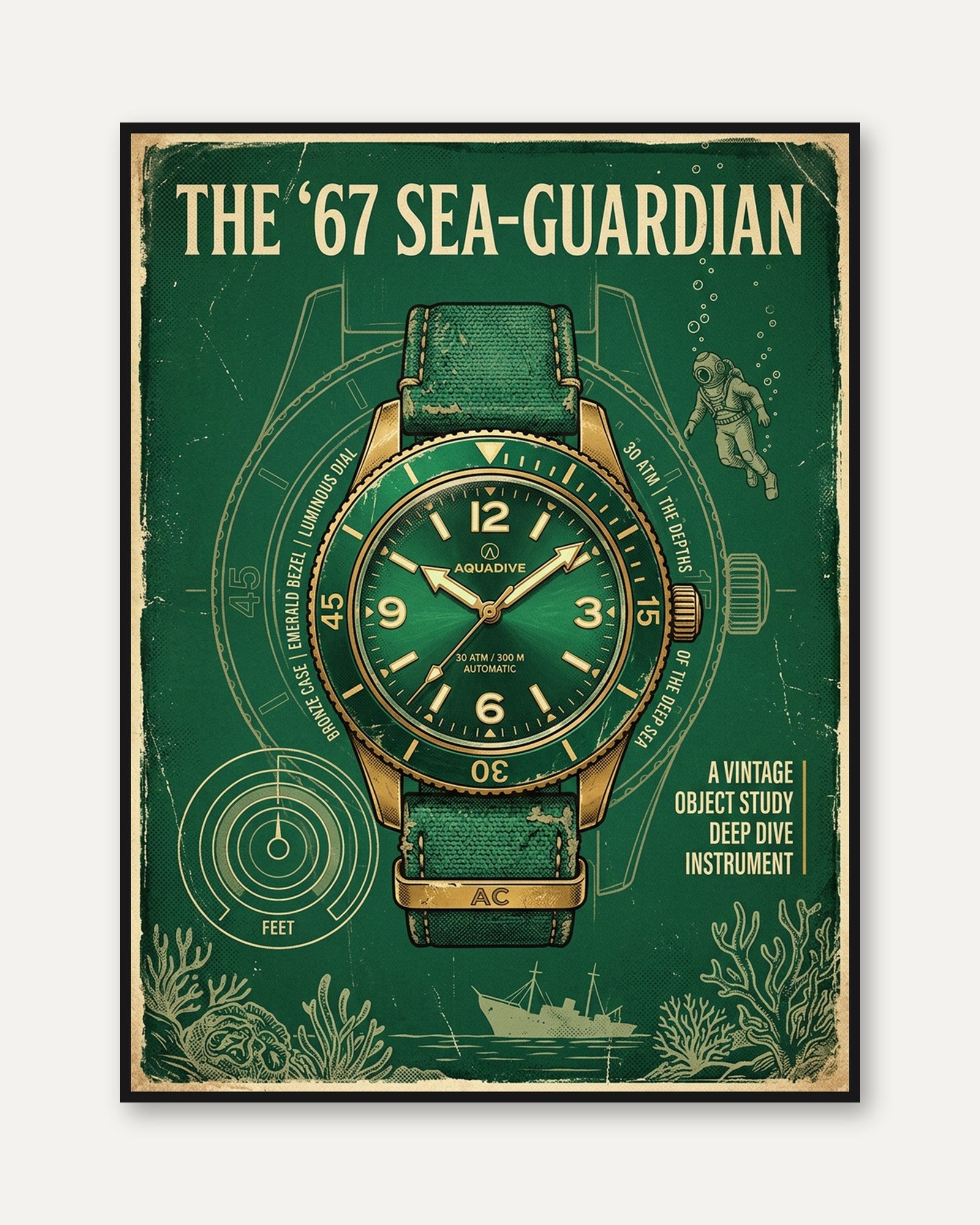Vintage Dive Watch Poster: Retro Green Aquadive Advertisement - framed