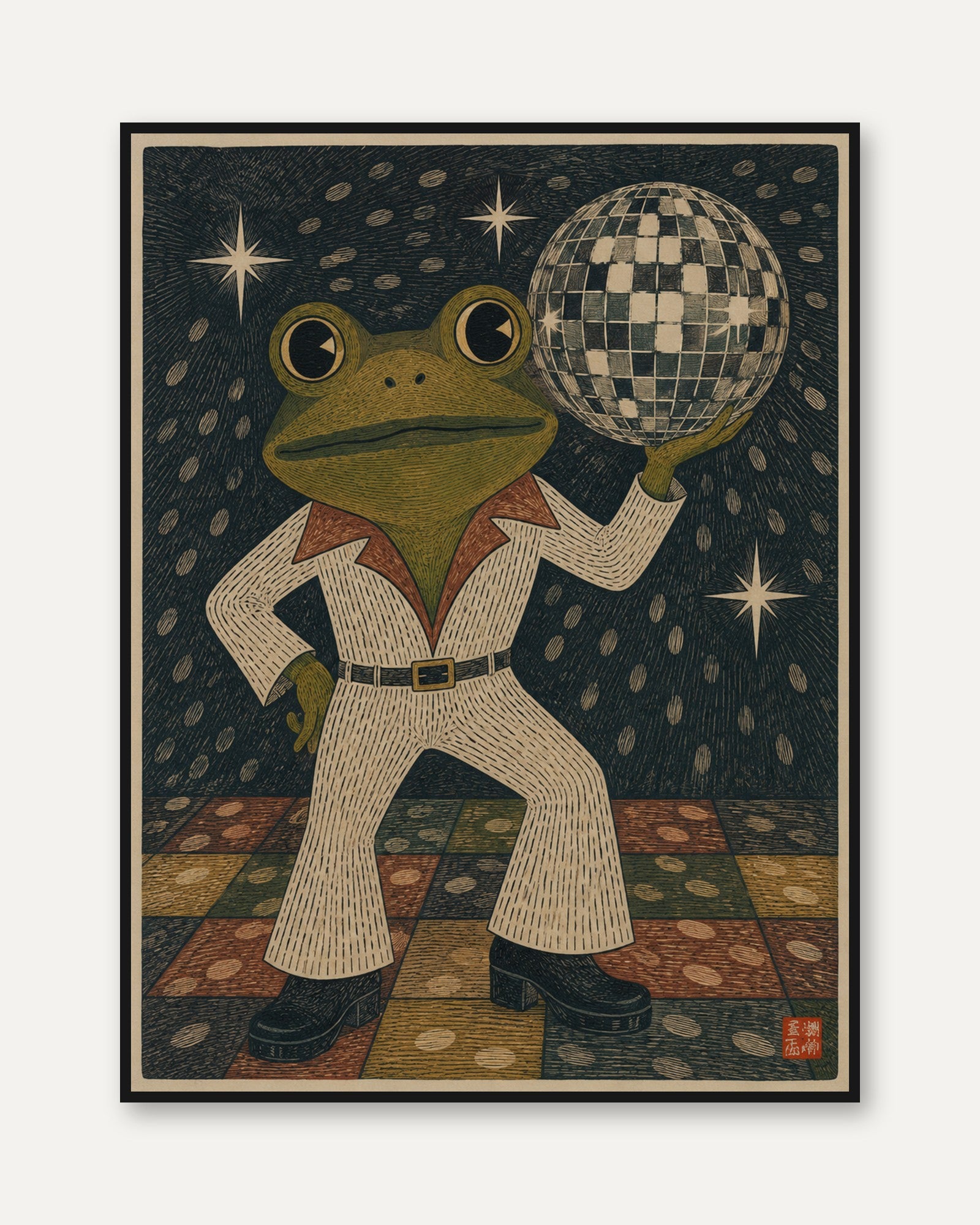 Retro Disco Frog Print – Vintage Dance Wall Art - framed