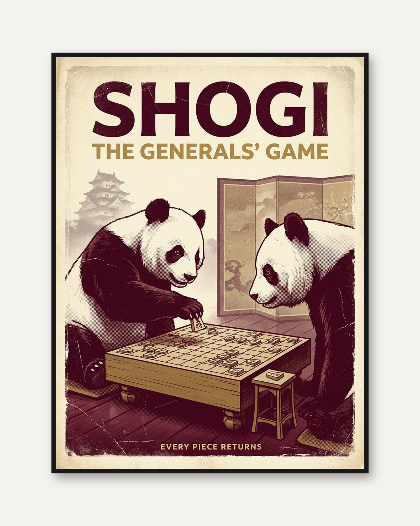 Shogi Pandas Art Print: Vintage Japanese Board Game Poster - framed