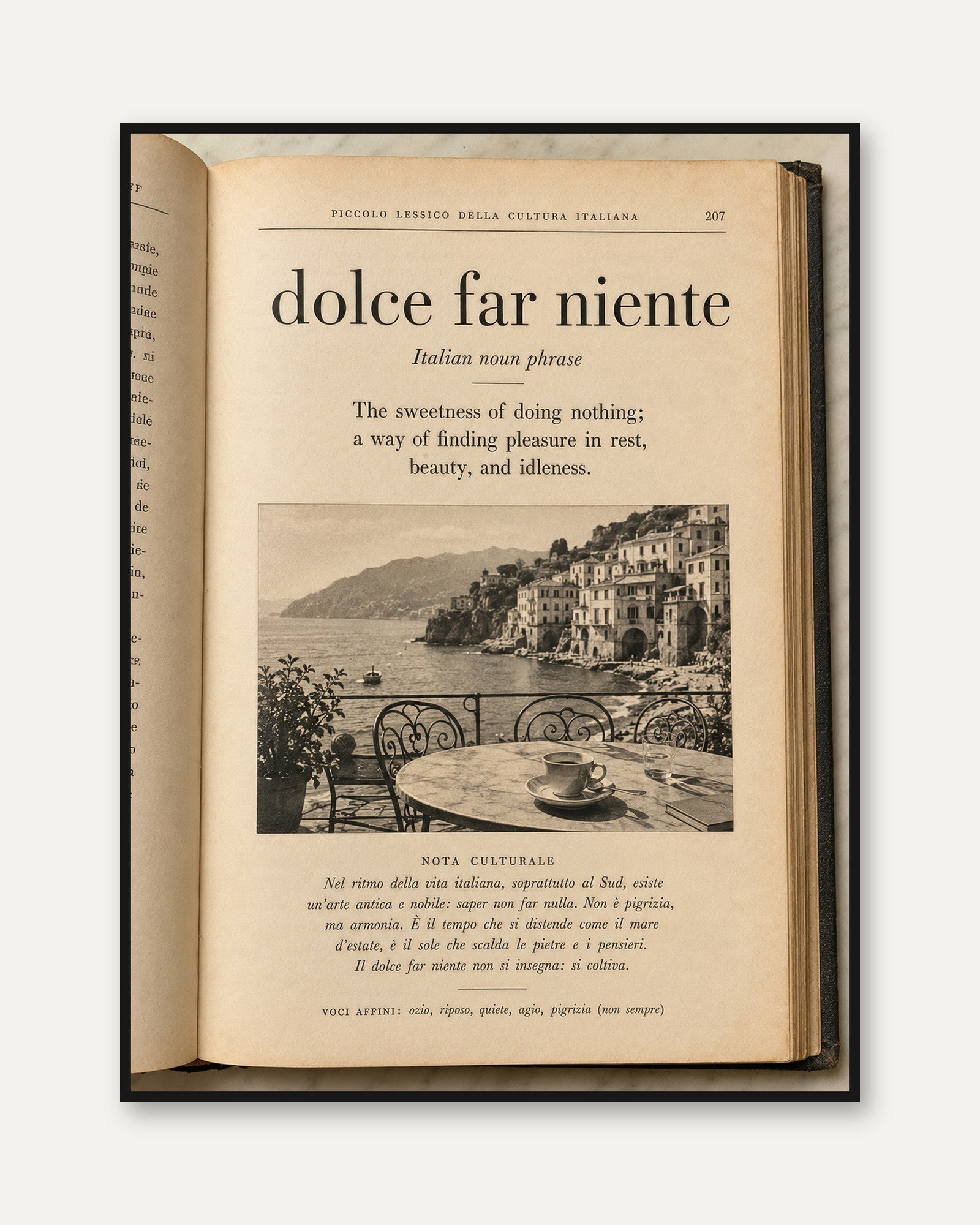Italian Phrase Wall Art – Vintage Book Print - framed