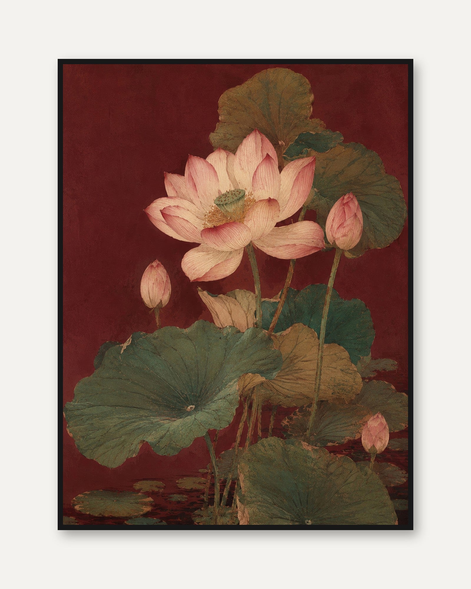 Lotus Flower Botanical Print — Vintage Asian Style - framed