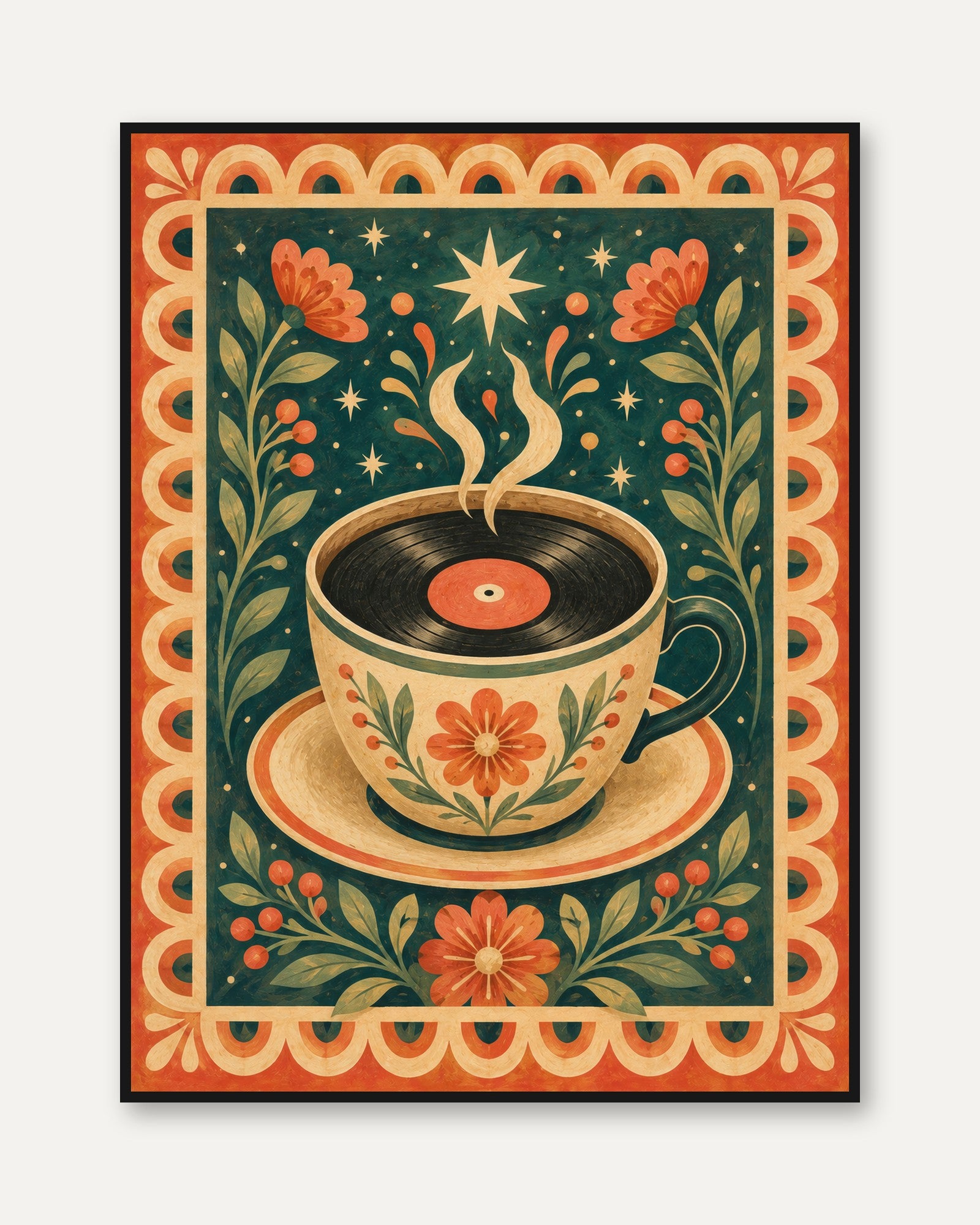 Folk Art Coffee Print – Vinyl Record Cup Wall Art - framed