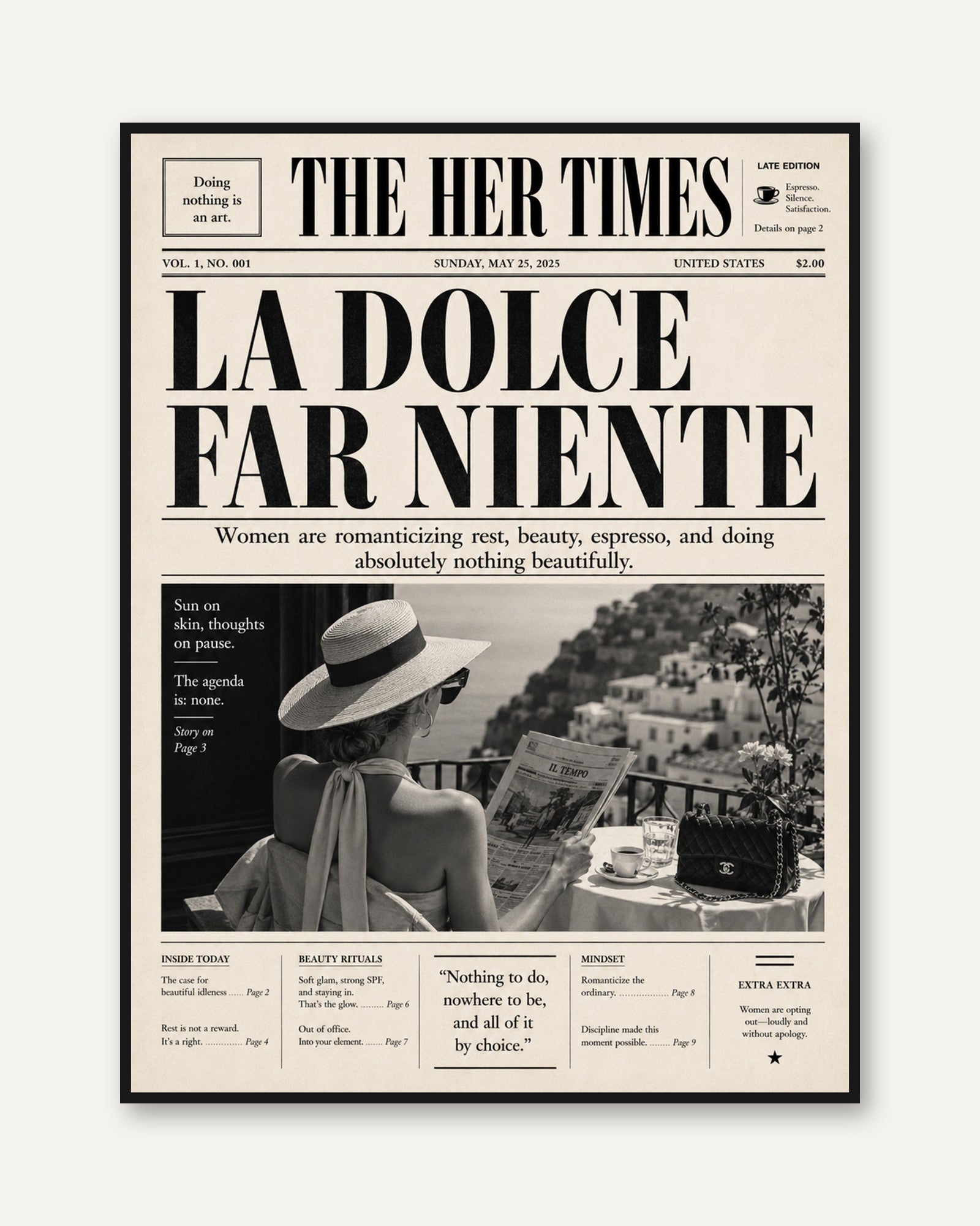 Newspaper Art Print: La Dolce Far Niente - framed