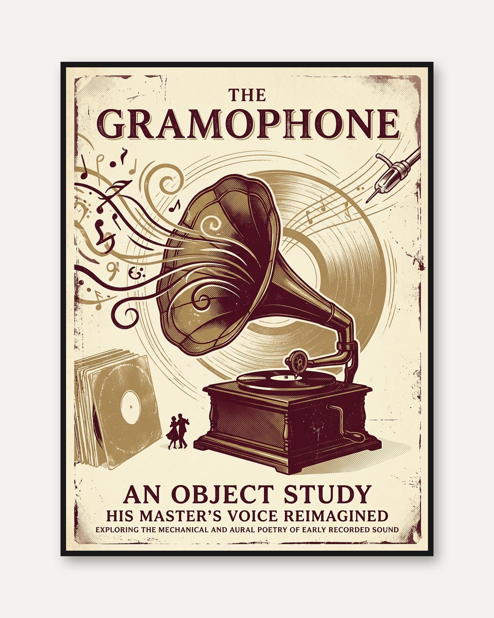 Vintage Gramophone Art Print: Art Nouveau Music Poster Design - framed