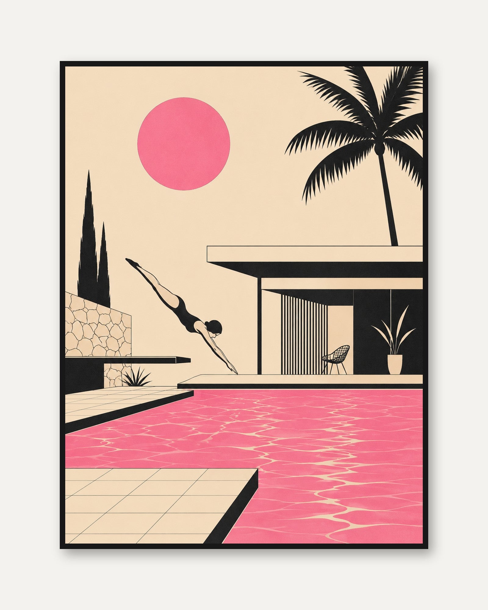 Mid-Century Modern Pool House Art Print: Pink Palm Tree Retro Scene - framed