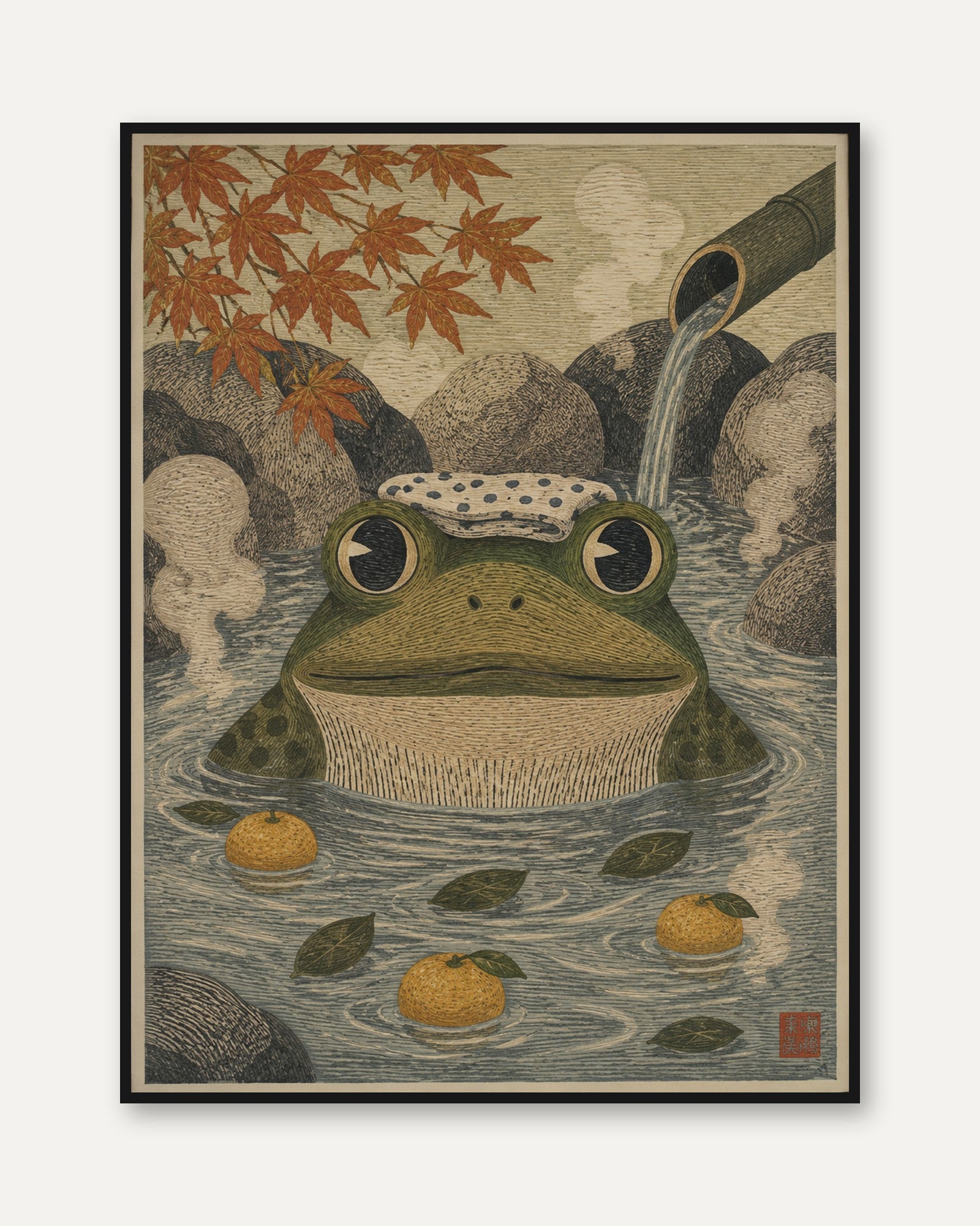 Vintage Frog Wall Art – Japanese Inspired Print - framed