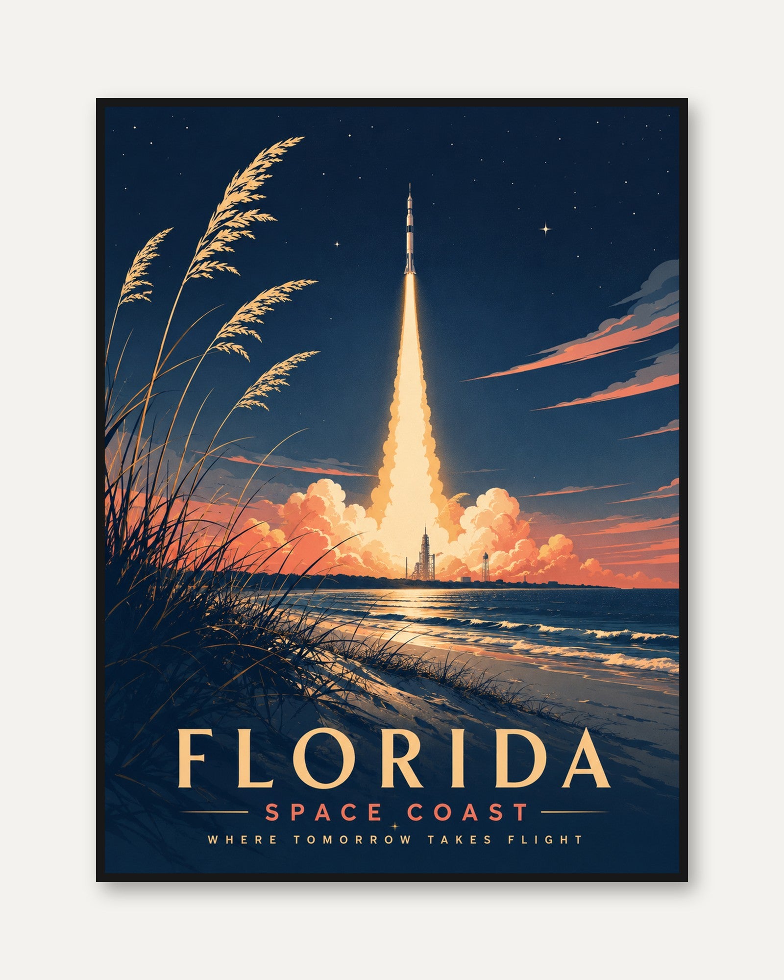 Florida Travel Poster – Space Coast Rocket Print - framed