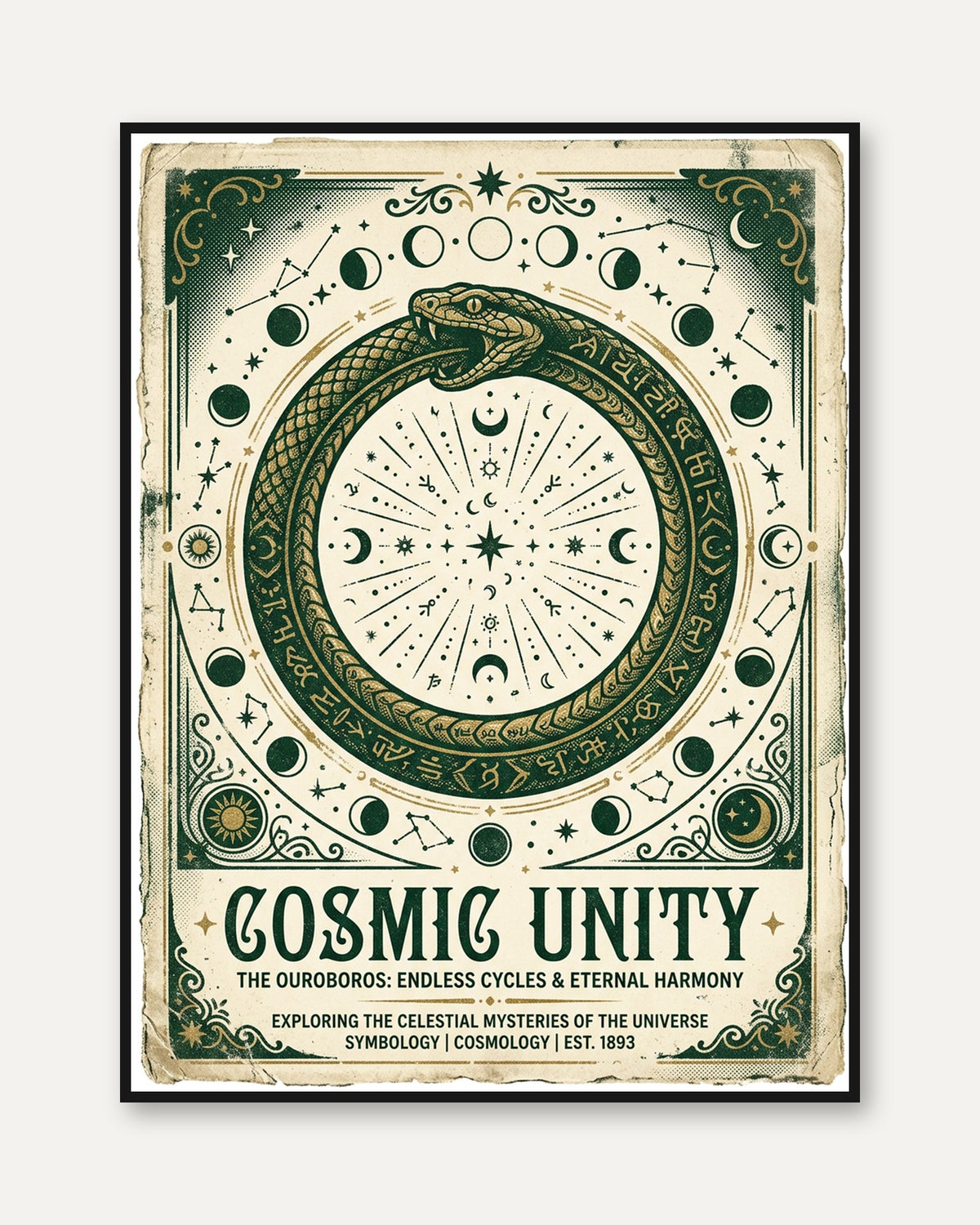 Cosmic Serpent Ouroboros Poster: Mystical Green Celestial Art - framed