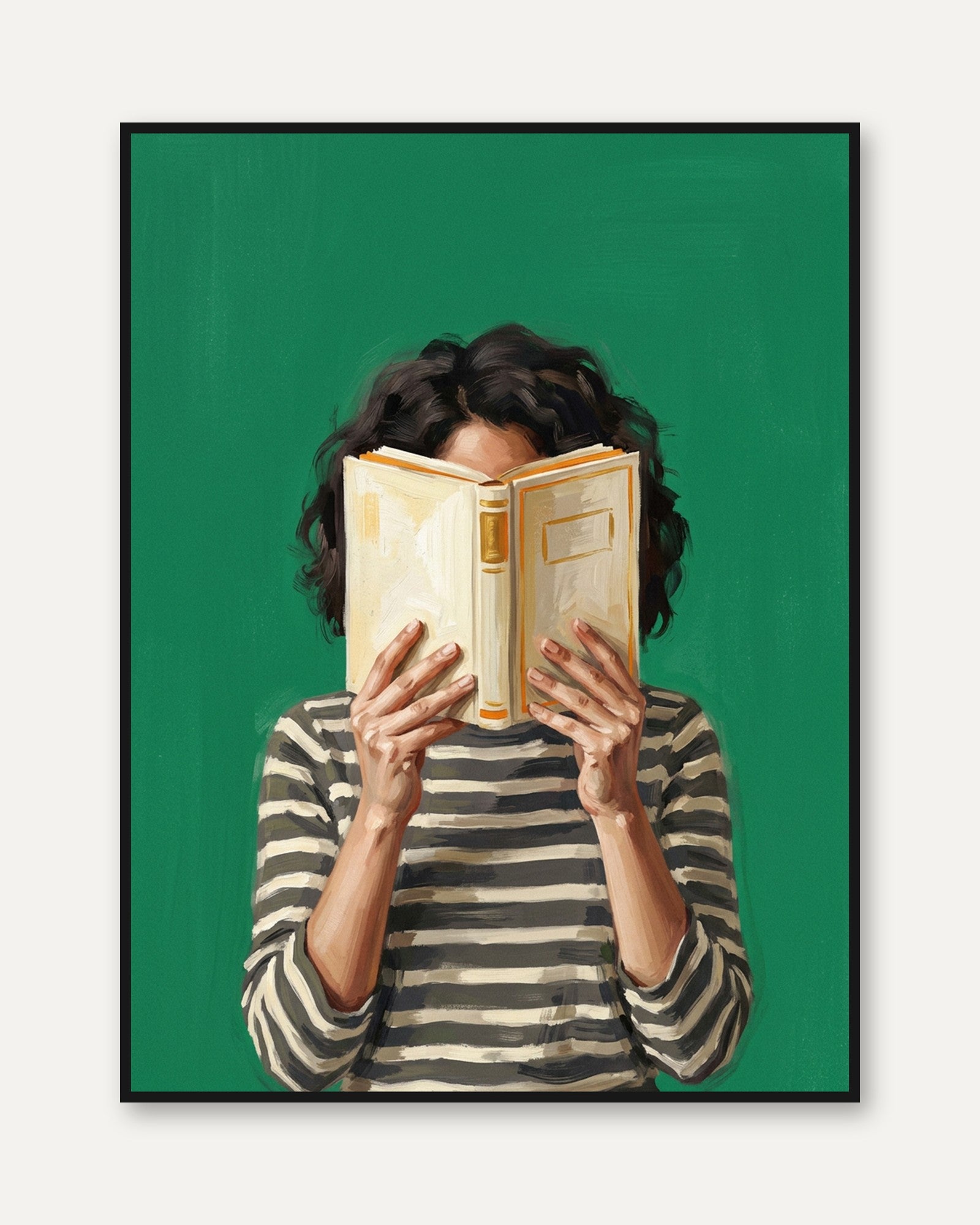 Book Reader Portrait: Contemporary Green Background Wall Art - framed