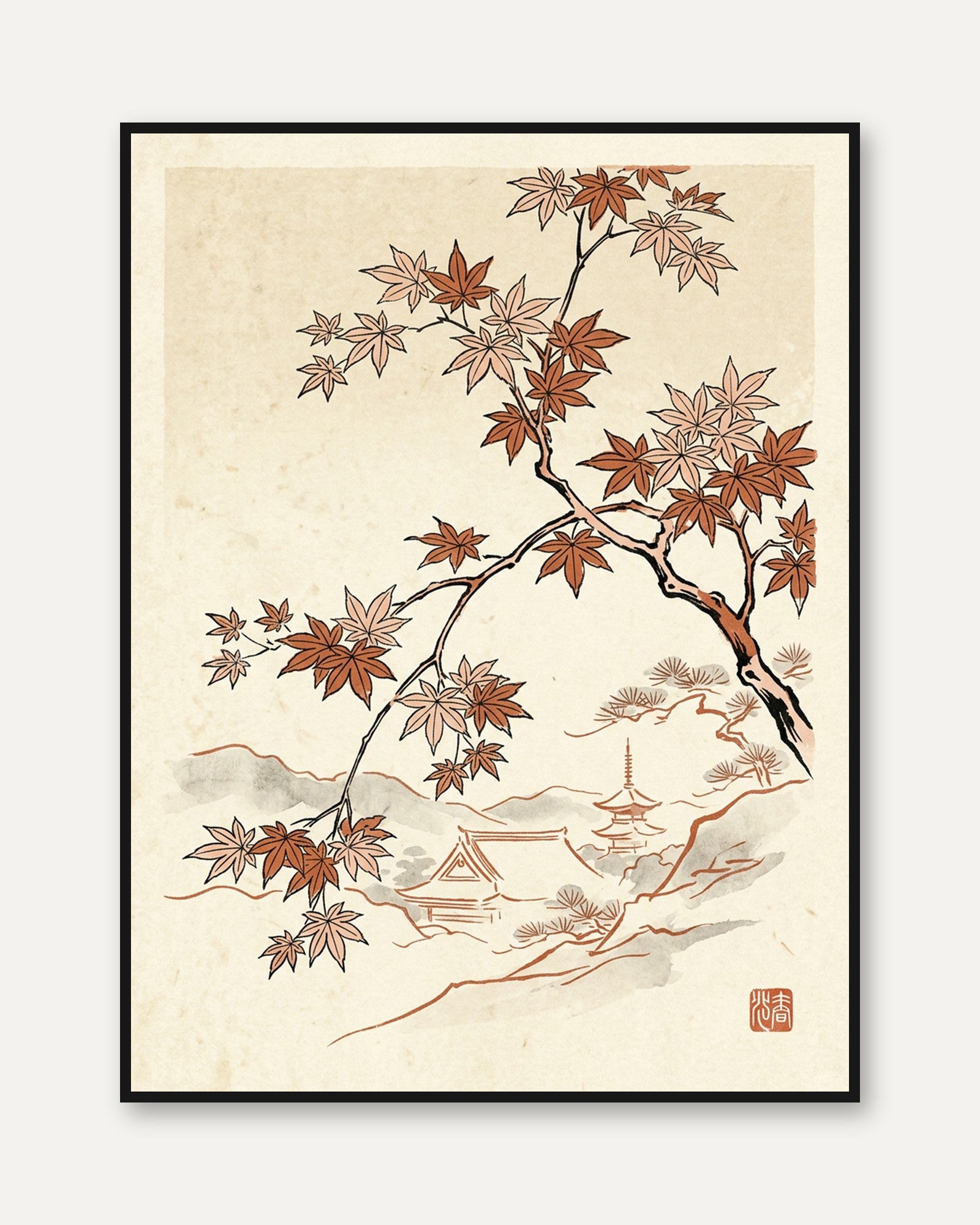Japanese Maple Branches Art Print: Traditional Asian Landscape - framed