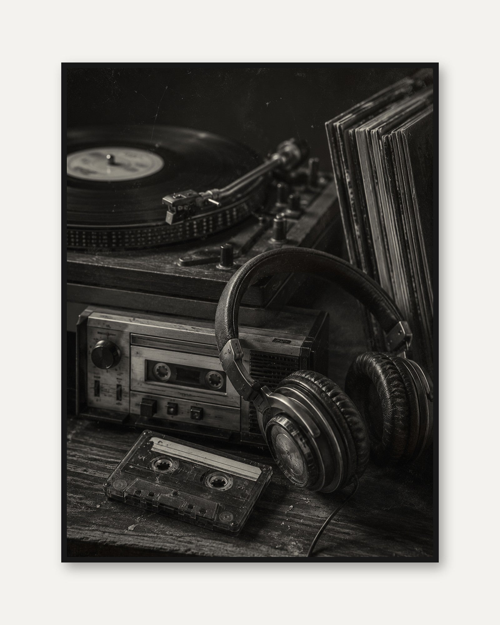 Vintage Music Studio Wall Art: Black and White Vinyl and Cassette - framed