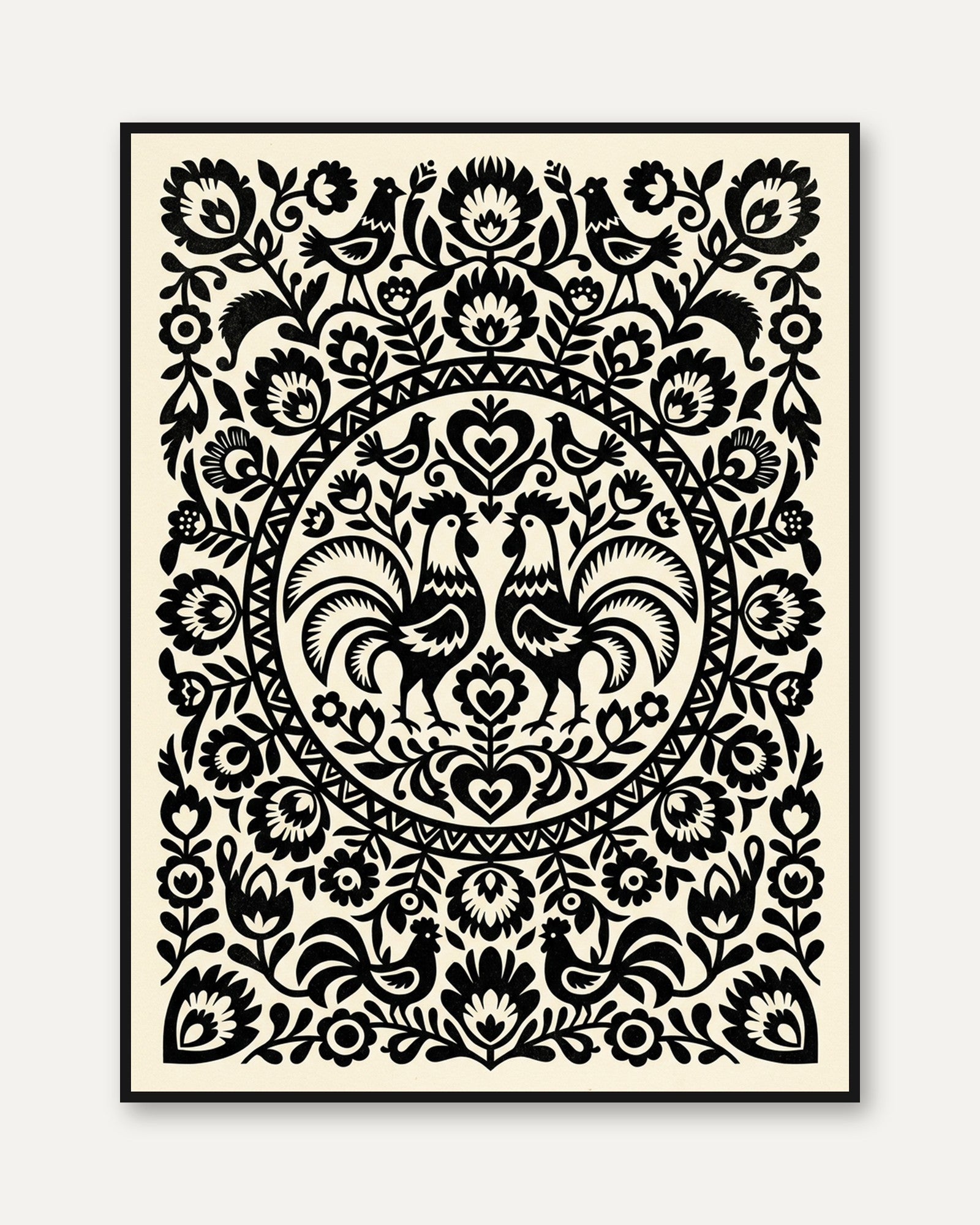 Polish Folk Art Print: Black Roosters and Floral Symmetry - framed