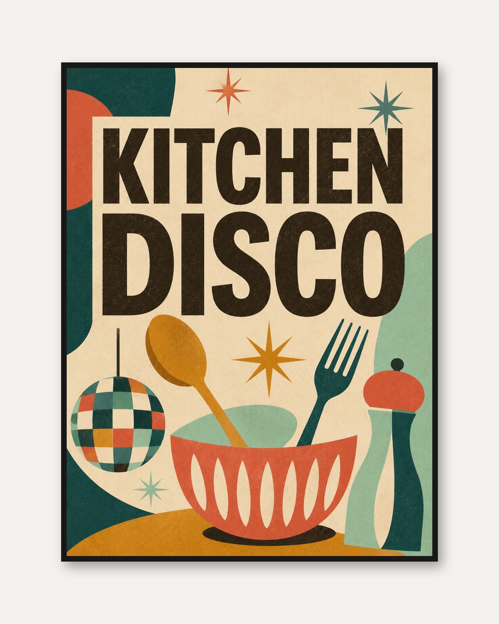 Kitchen Disco Retro Wall Art: Mid-Century Modern Typography Print - framed