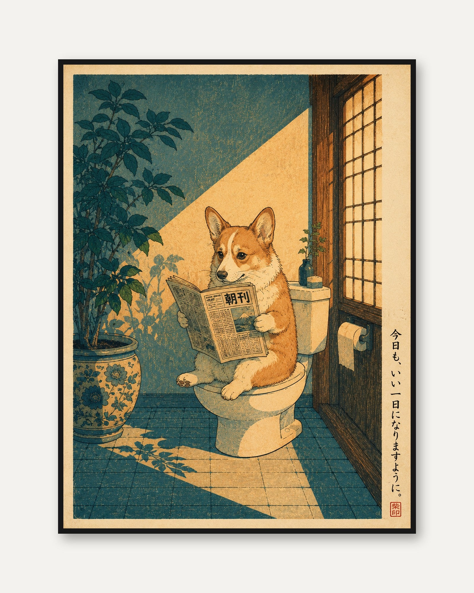 Japanese Dog Wall Art – Corgi Bathroom Print - framed