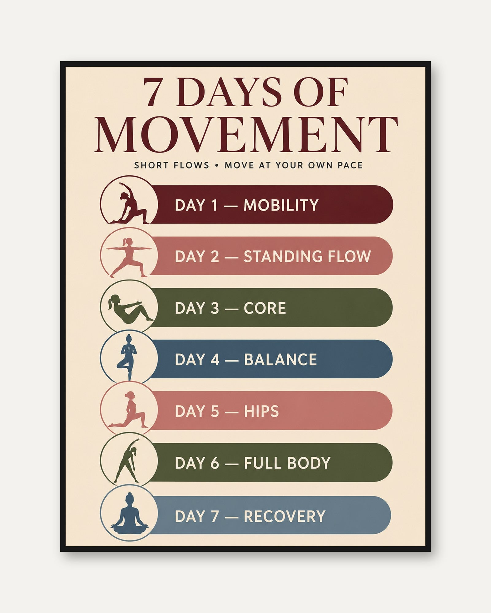 Yoga Wall Art – 7 Days Movement Poster - framed