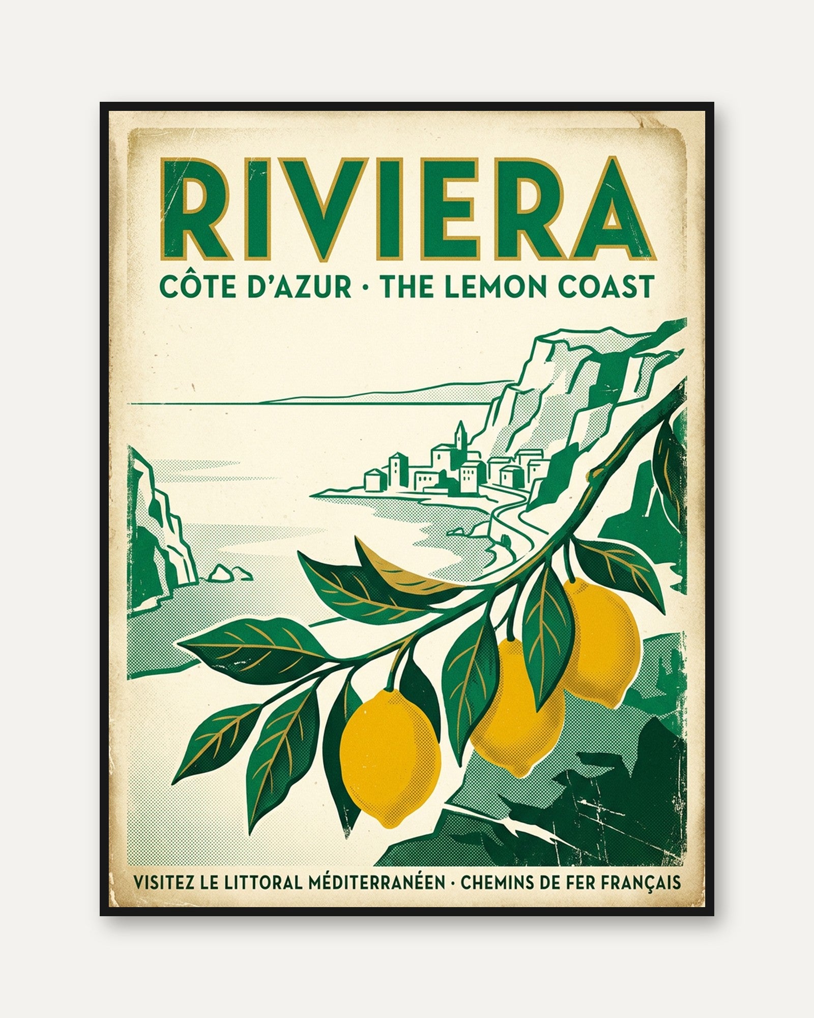 Riviera Travel Poster – French Côte d'Azur Lemon Coast Retro Art - framed