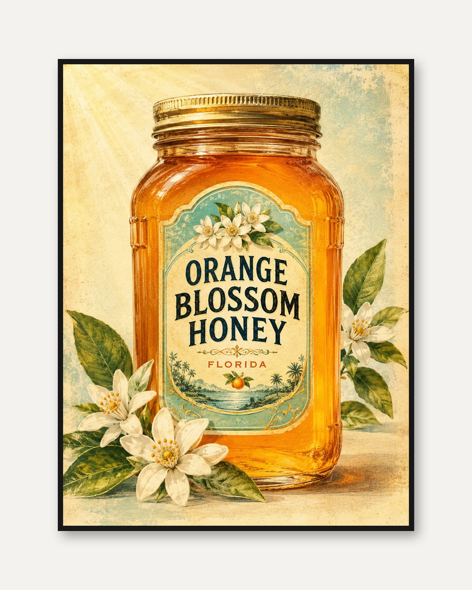 Orange Blossom Honey Jar Print: Vintage Florida Kitchen Art - framed