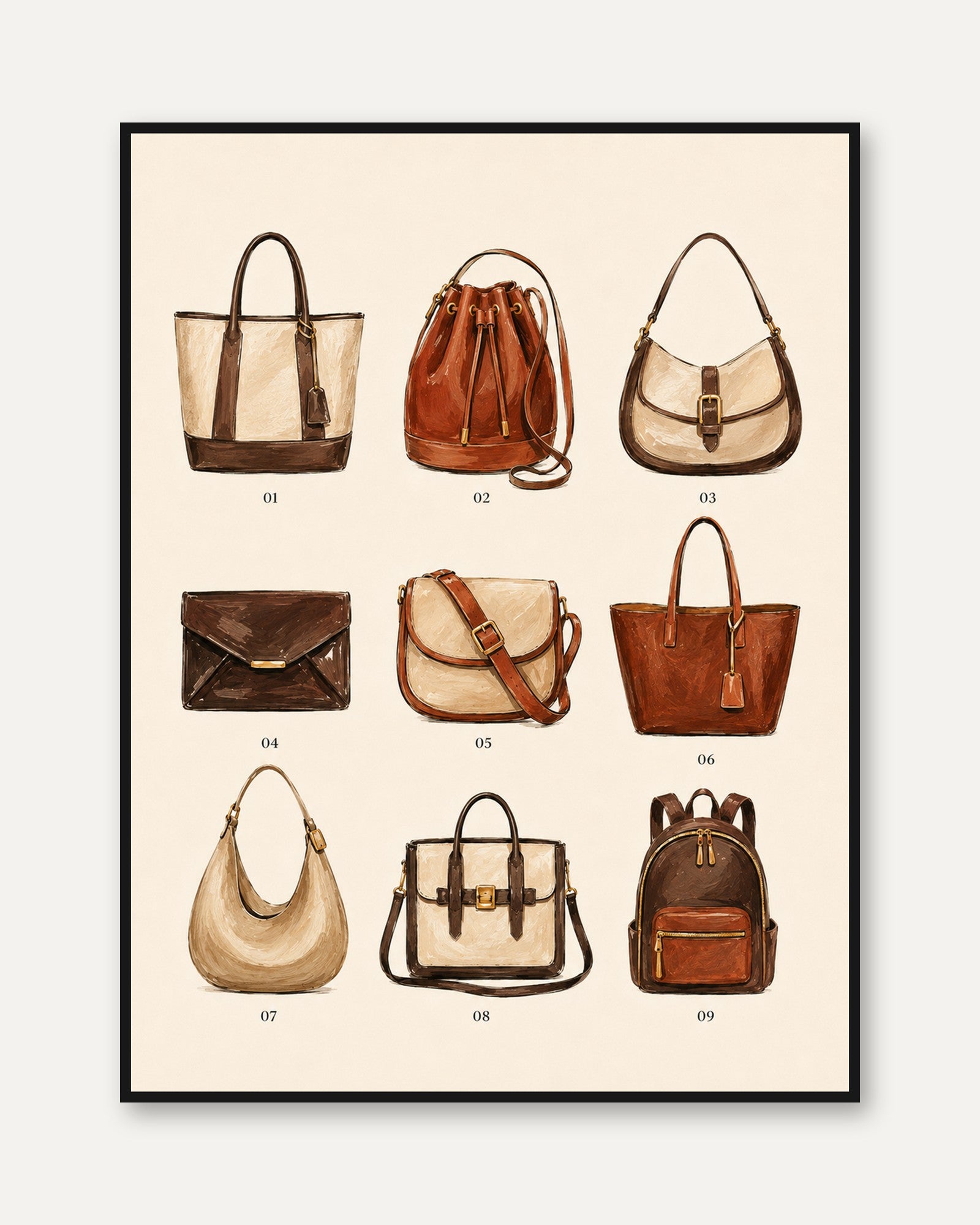 Leather Handbag Collection Art Print: Vintage Fashion Illustration - framed