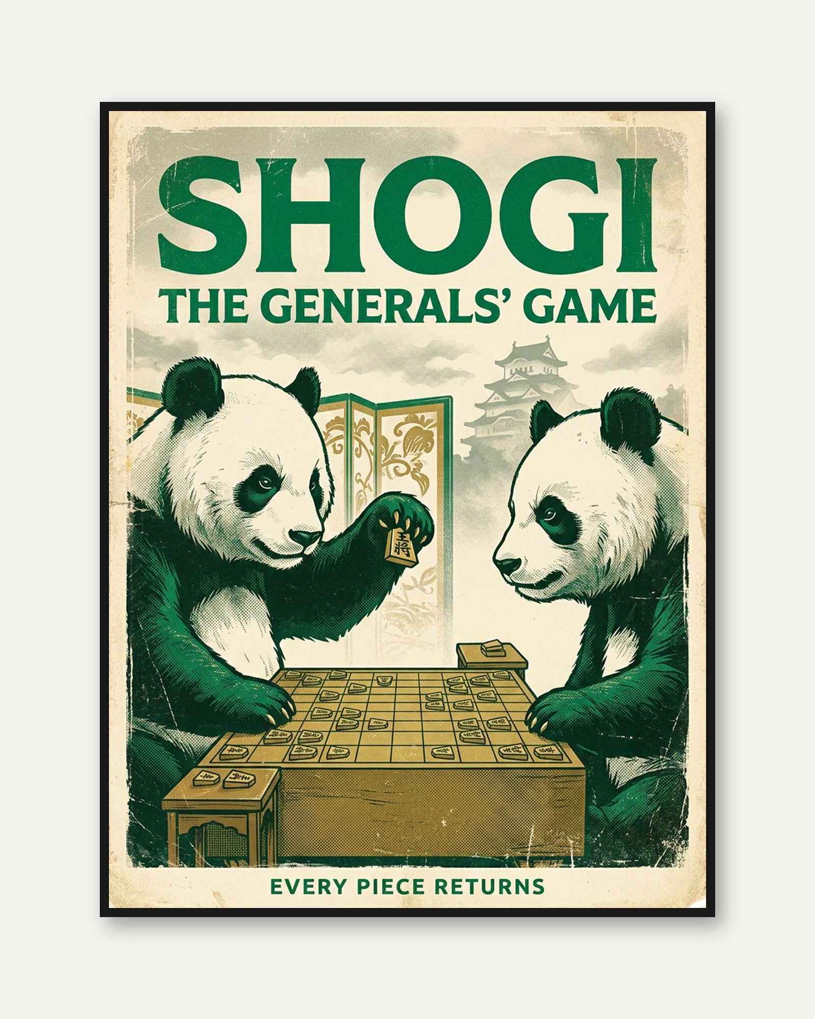 Shogi Pandas Playing Japanese Chess: Vintage Green Board Game Poster - framed