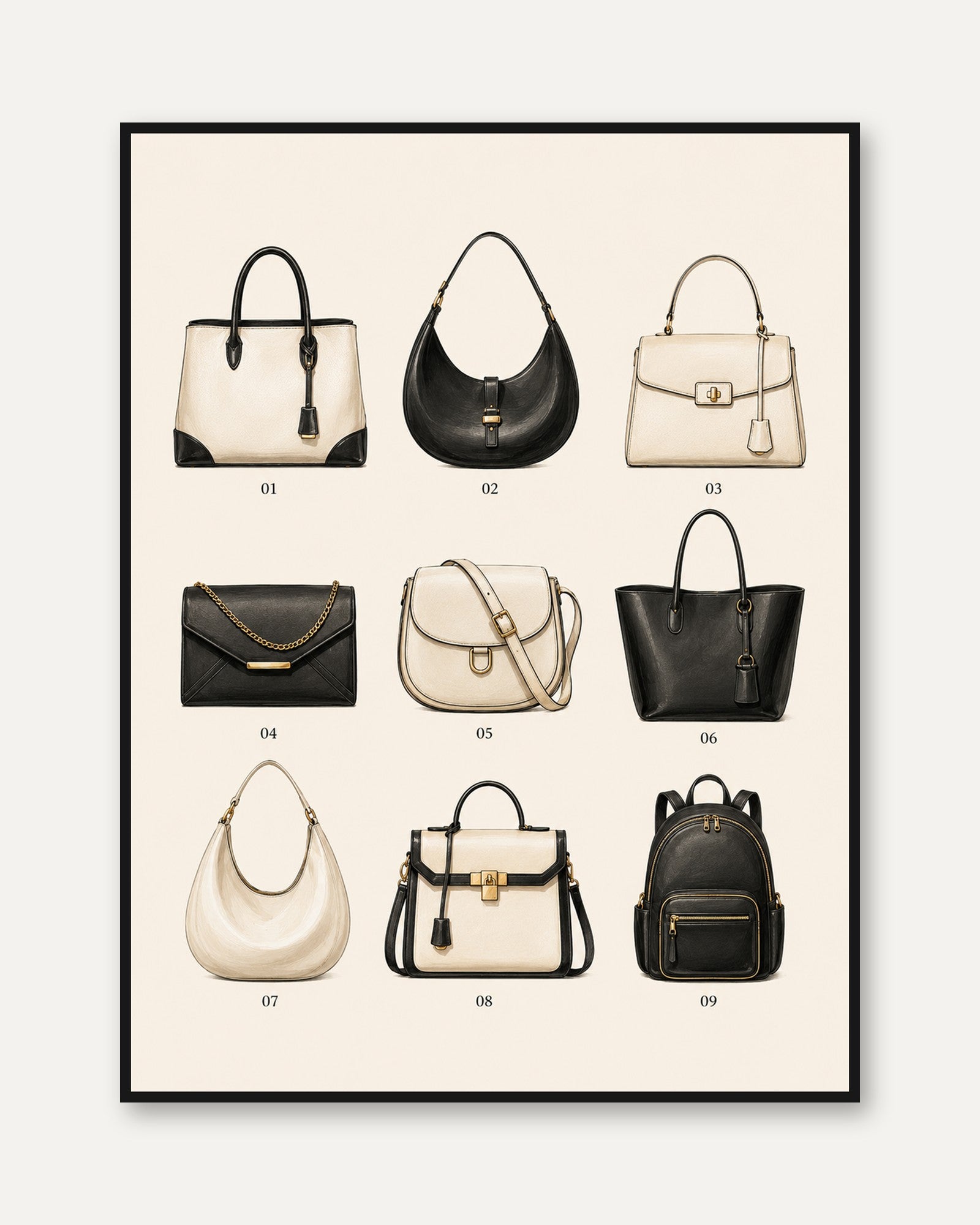 Luxury Handbag Collection Print: Fashion Illustration Wall Art - framed