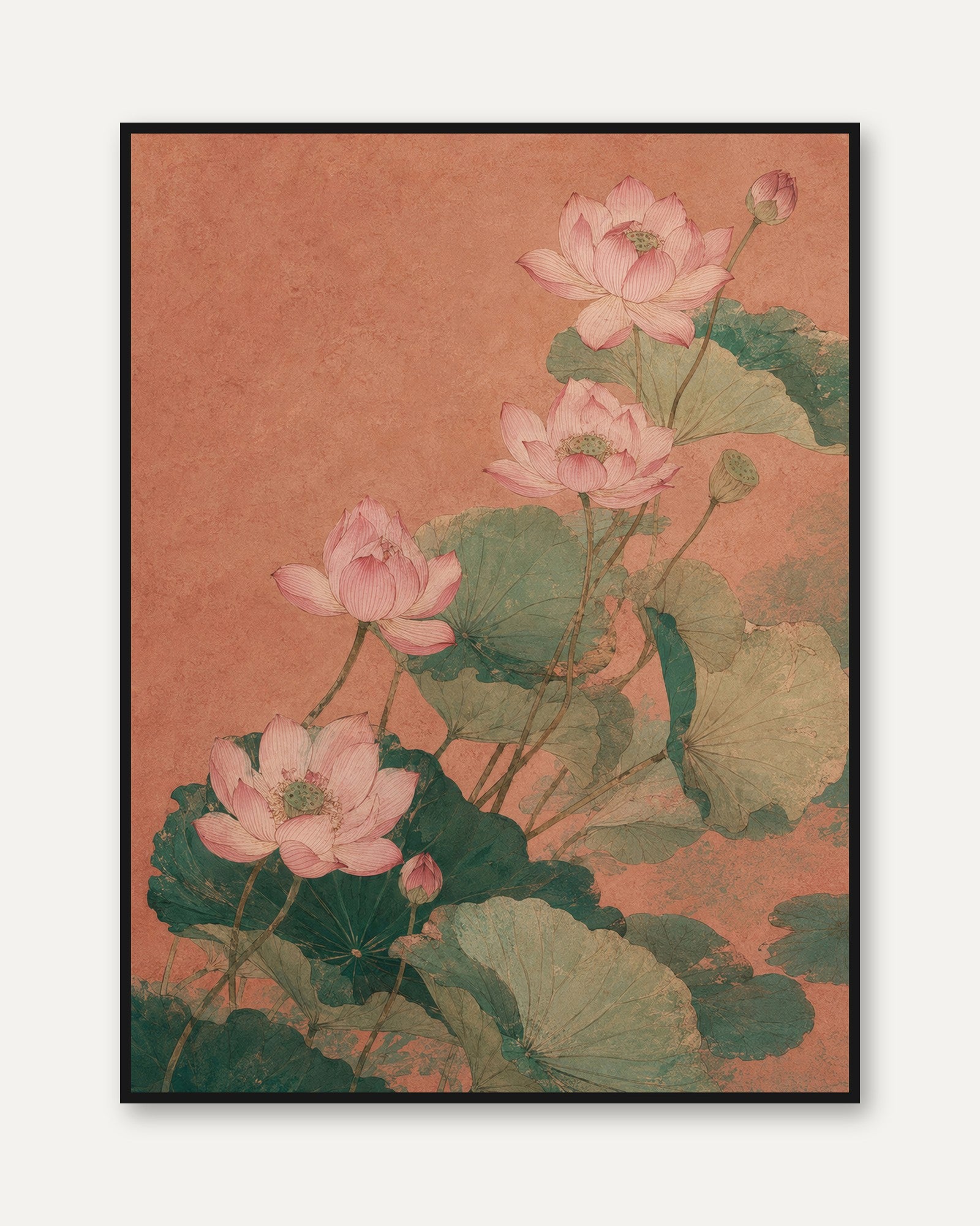 Lotus Flower Botanical Print — Vintage Pink Water Lily - framed