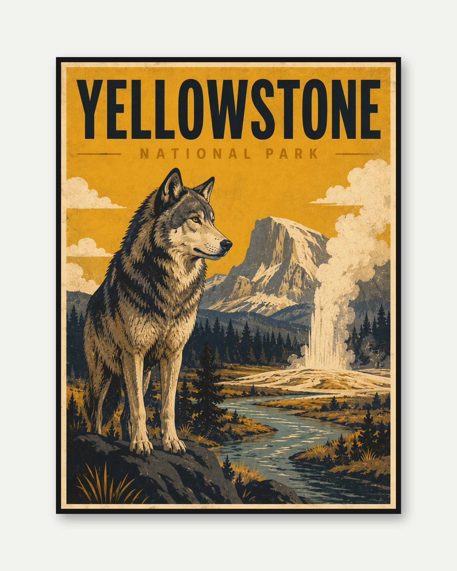Yellowstone National Park Poster – Wolf Wall Art - framed