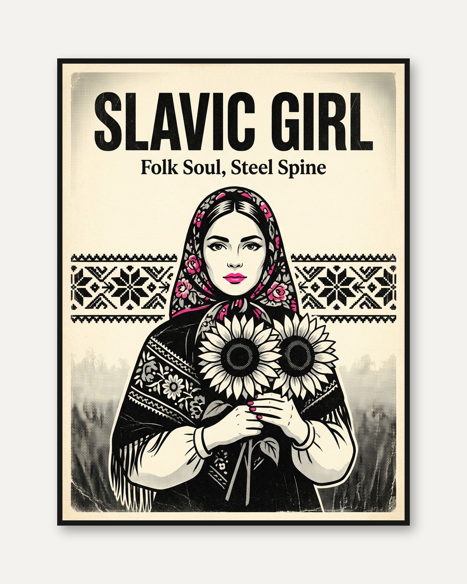 Slavic Folk Art Print: Woman with Sunflowers and Traditional Pattern - framed