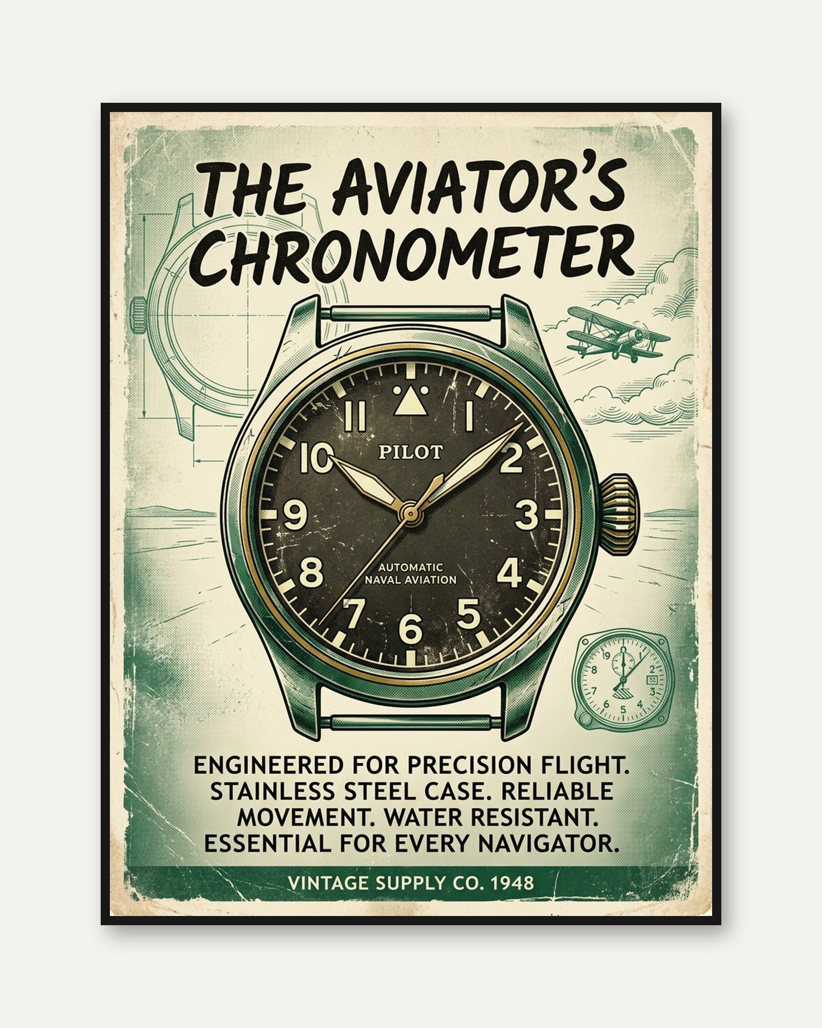Vintage Aviator Chronometer Poster: Retro Aviation Watch Art Print - framed